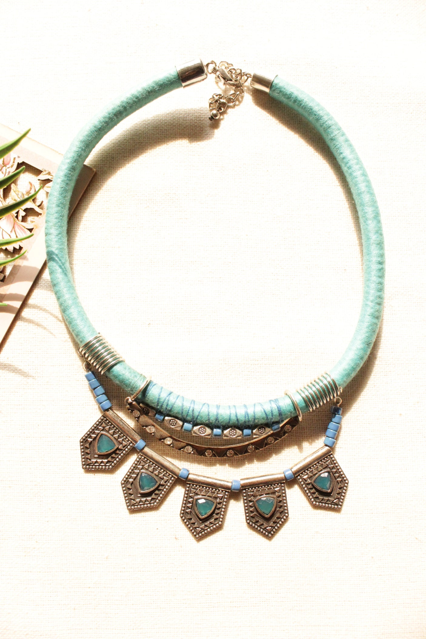Blue Threads Braided with Tribal Metal Charms Handmade Boho Necklace