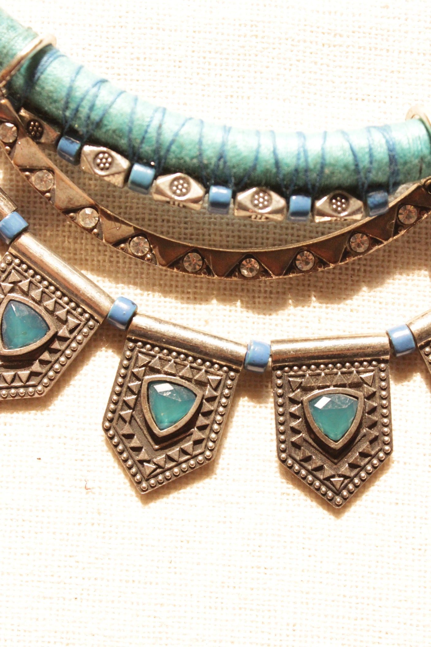 Blue Threads Braided with Tribal Metal Charms Handmade Boho Necklace
