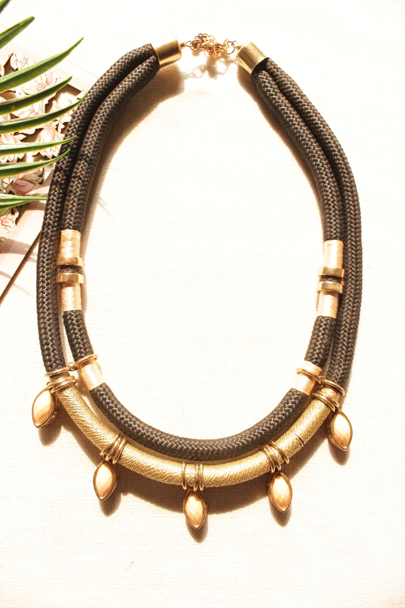 Brown and Golden Braided Fabric Threads with Metal Charms Handmade Boho Choker Necklace