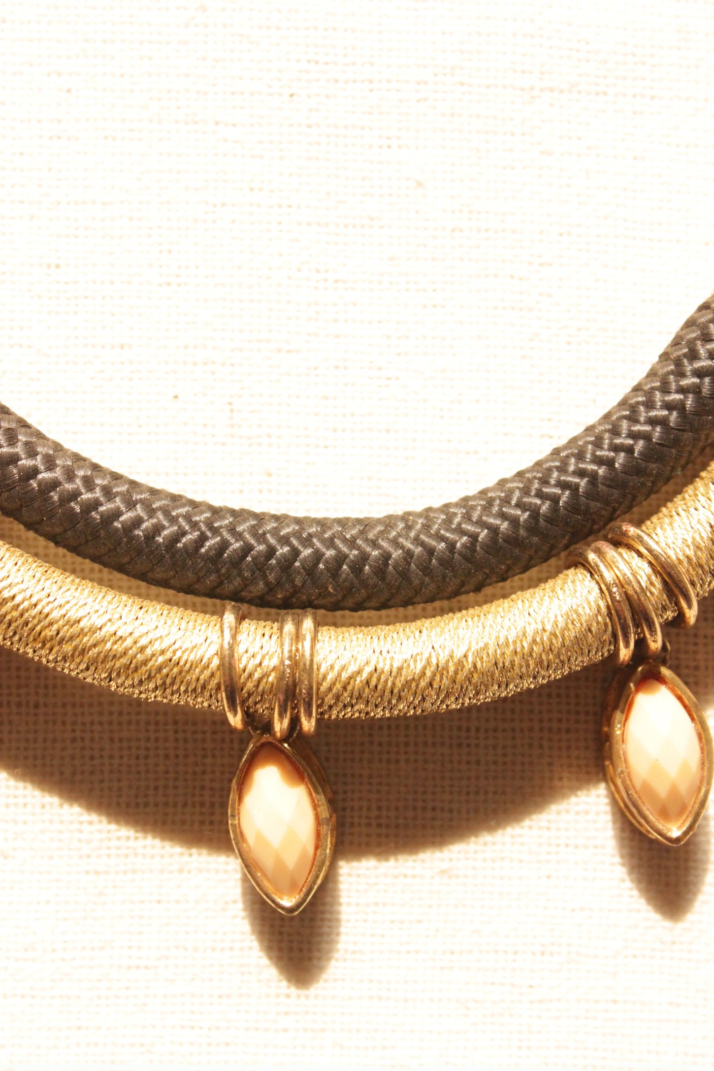 Brown and Golden Braided Fabric Threads with Metal Charms Handmade Boho Choker Necklace