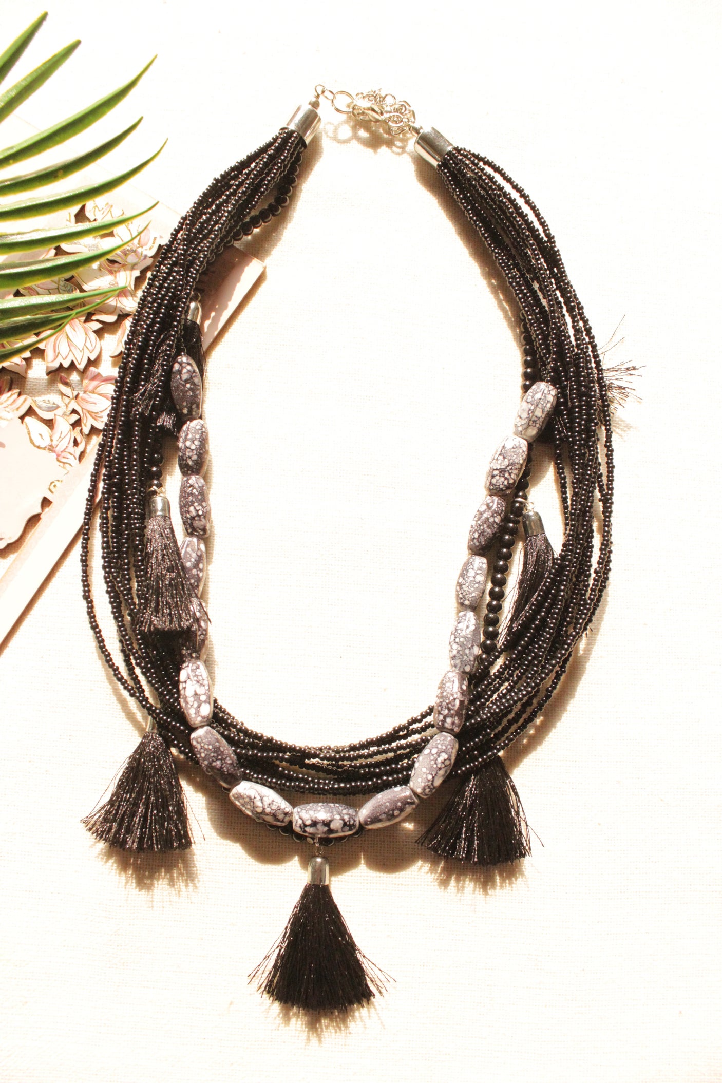 Black Beads and Stones Pom Pom Embellished Handmade Boho Necklace