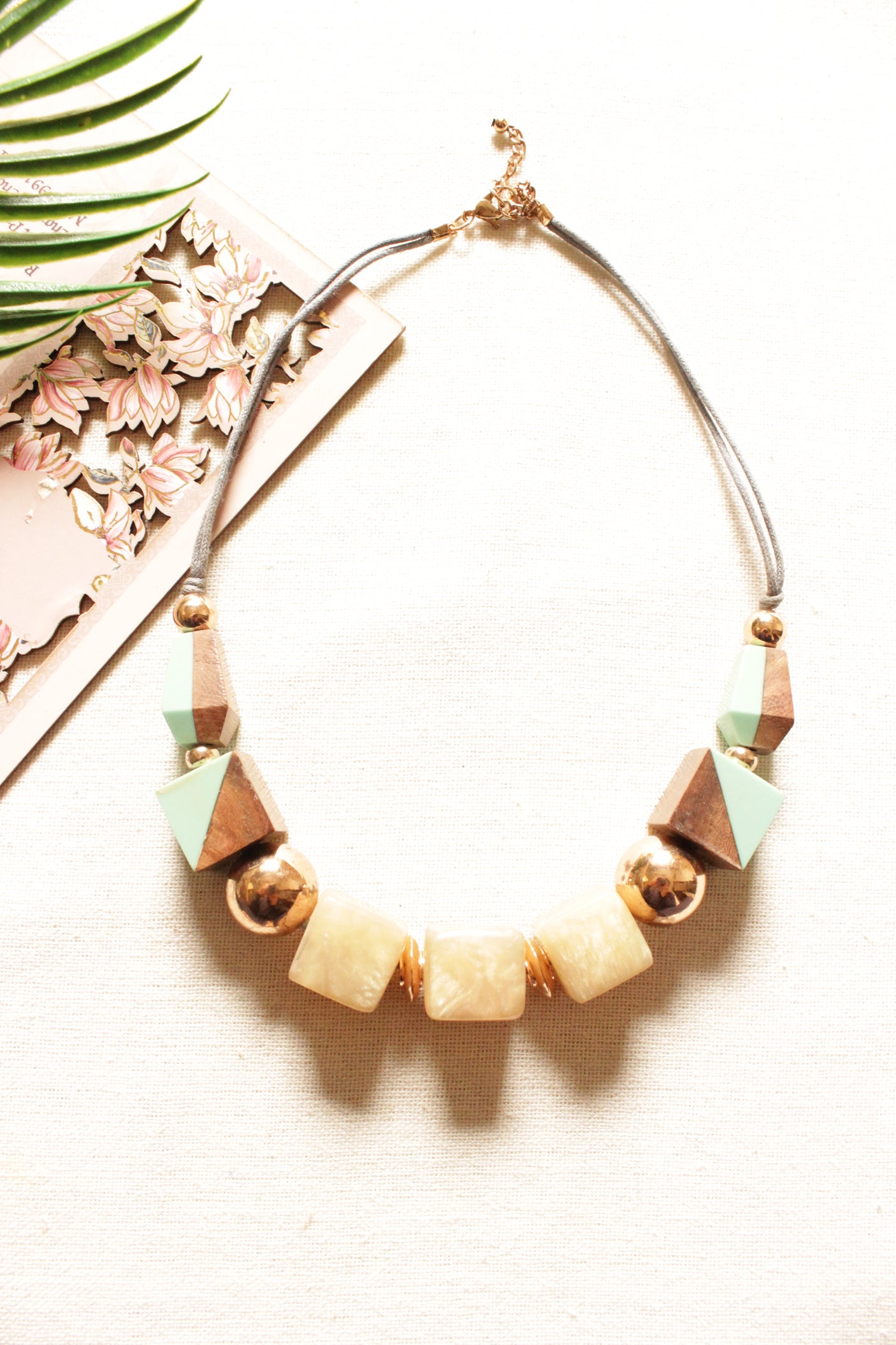 Wood, Metal and Stones Rope Closure Necklace