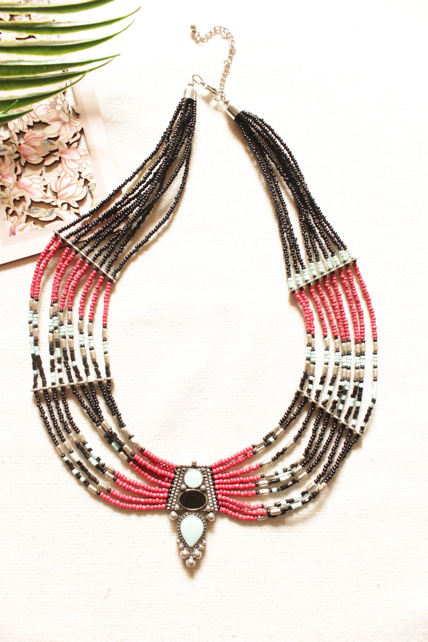 Multi-Color Black and Pink Beads Braided Choker Necklace