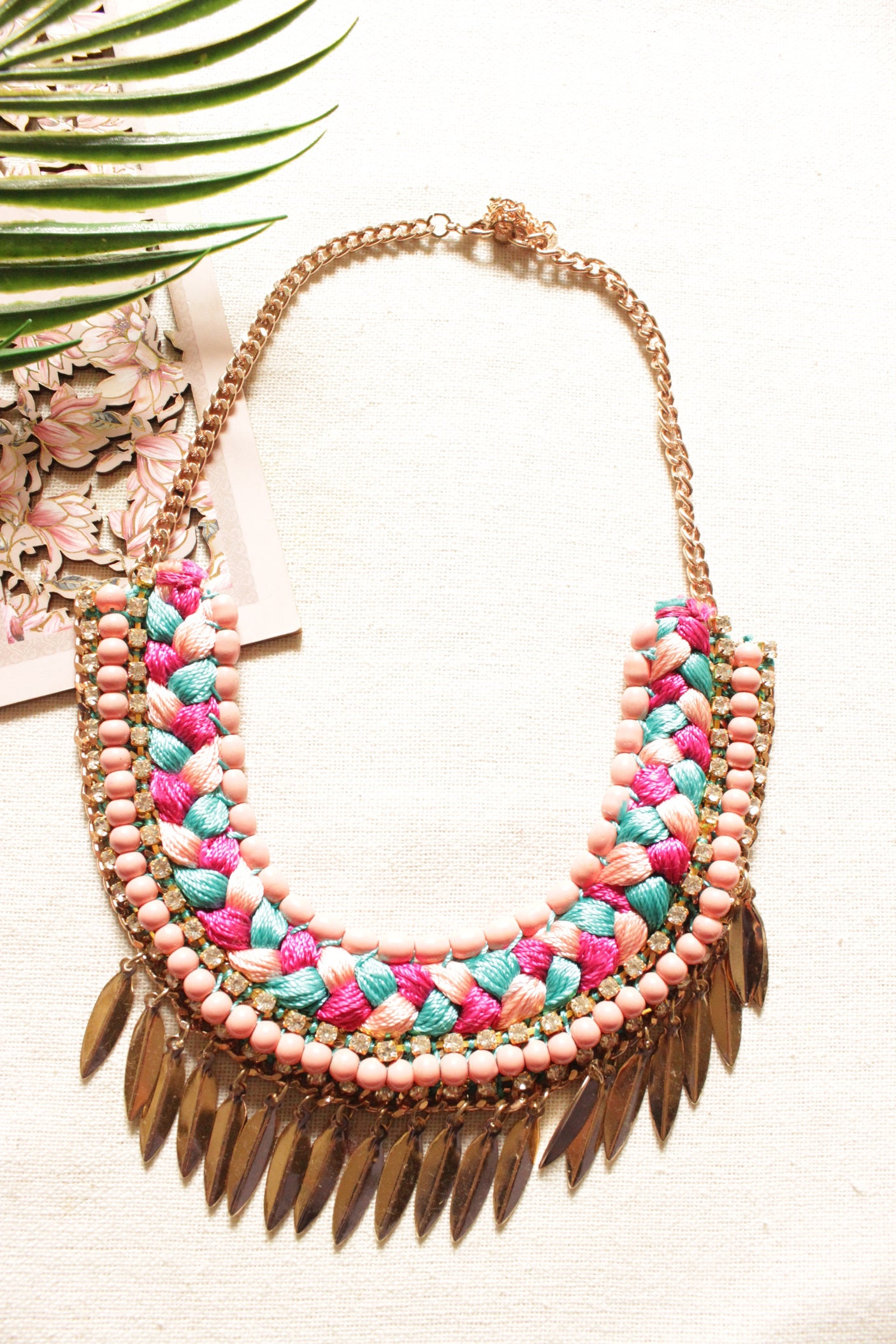 Braided Fabric Threads, Beads and Leaf Metal Charms Handmade Boho Necklace