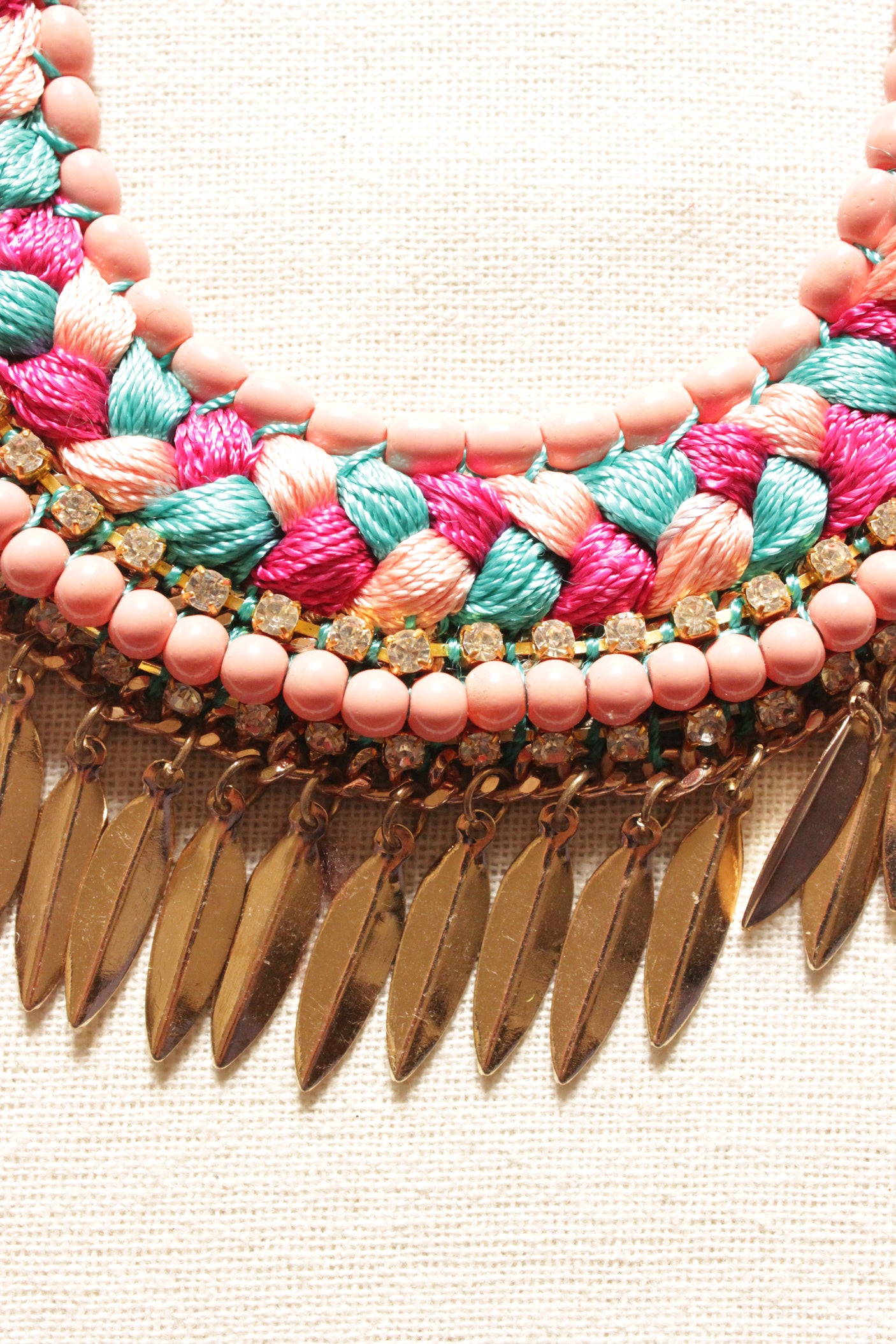 Braided Fabric Threads, Beads and Leaf Metal Charms Handmade Boho Necklace