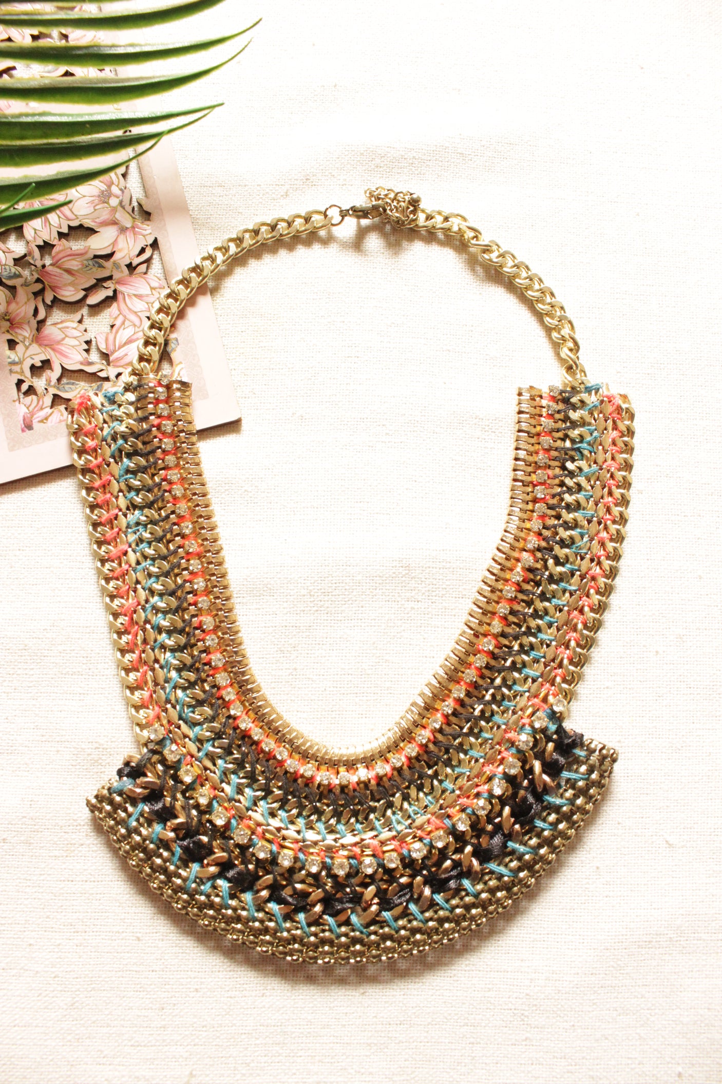 Fabric Threads, Metal Charms and Rhinestones Hand Braided Elaborate Necklace