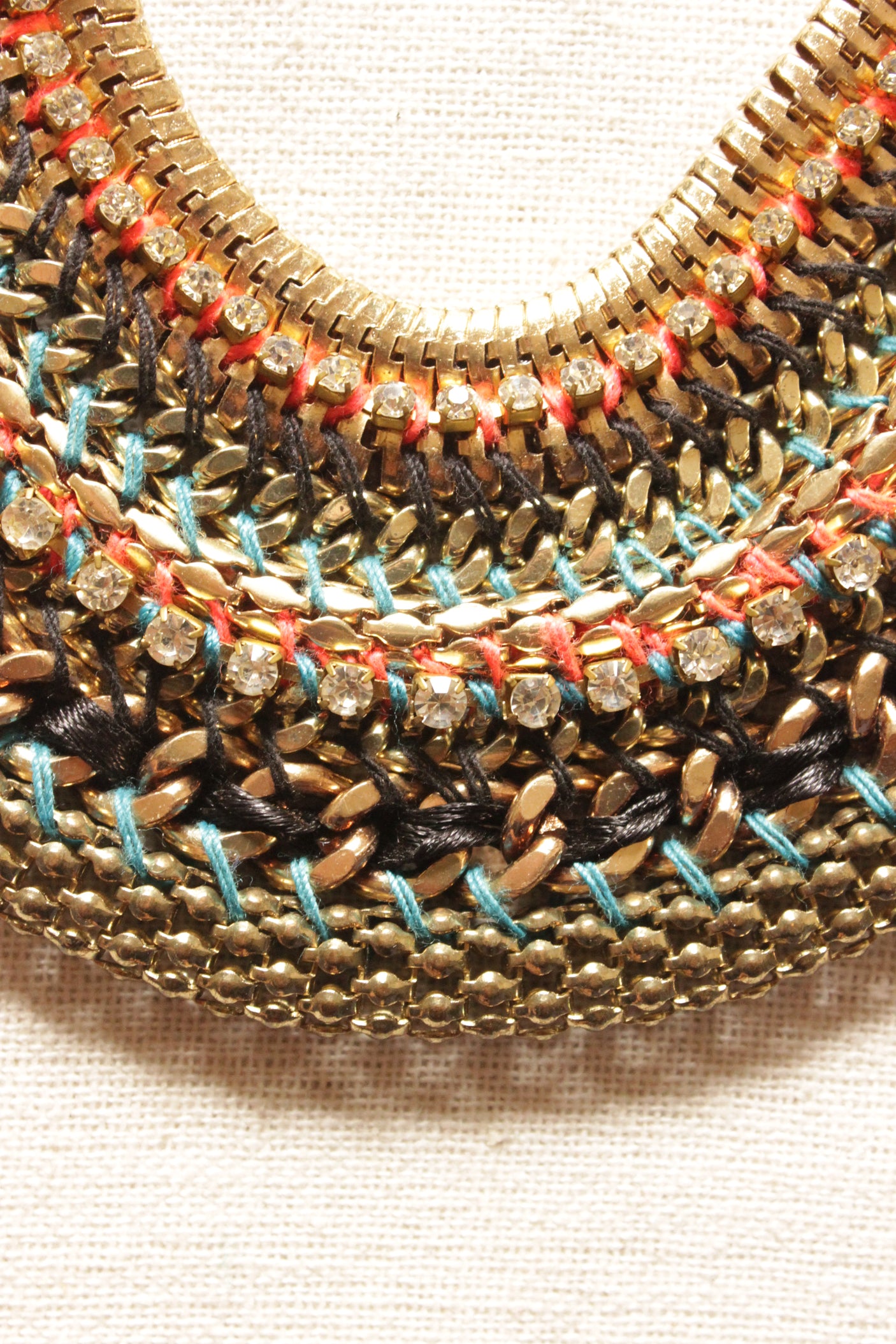 Fabric Threads, Metal Charms and Rhinestones Hand Braided Elaborate Necklace