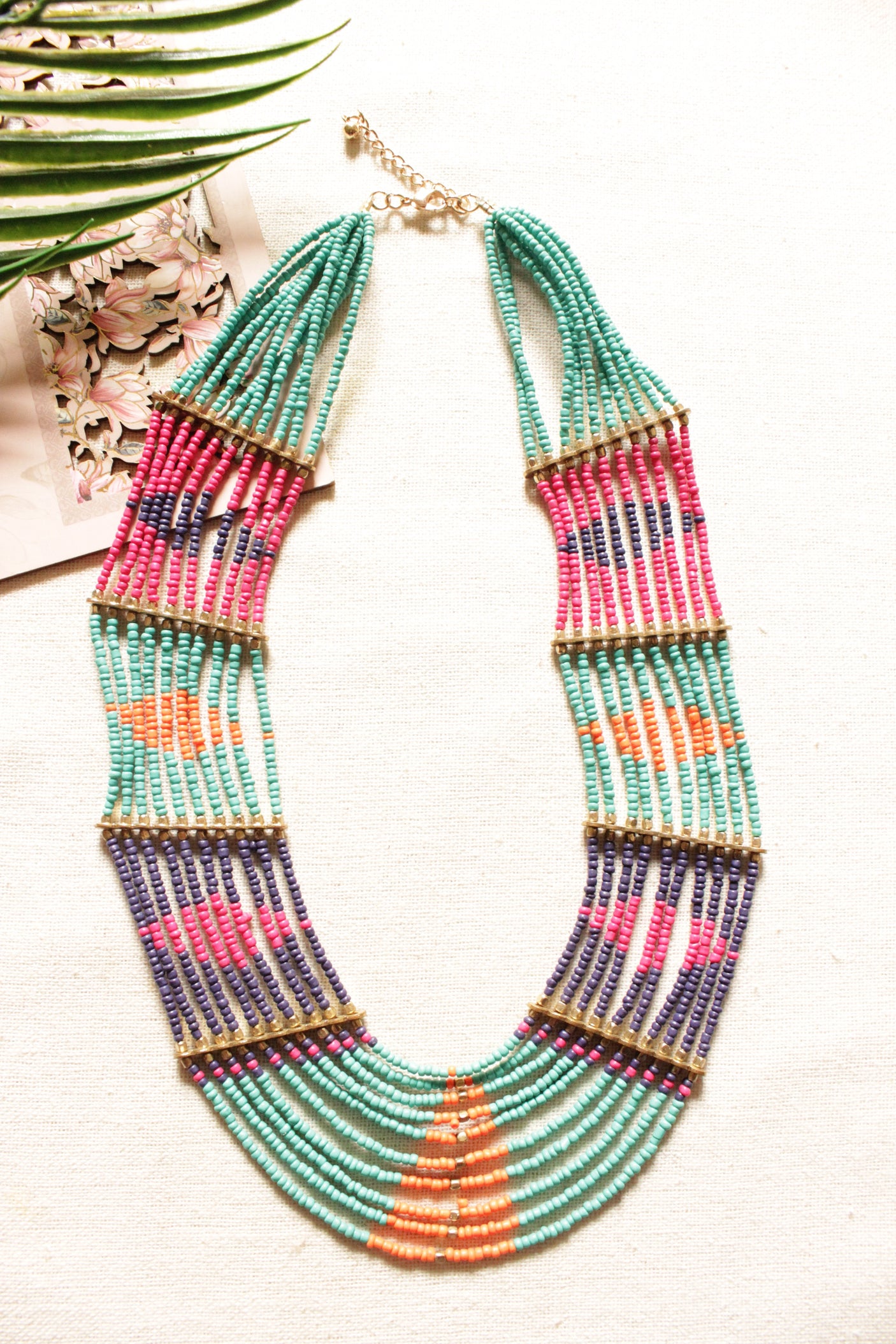 Shades of Blue and Pink Hand Beaded Multi-Layer Necklace