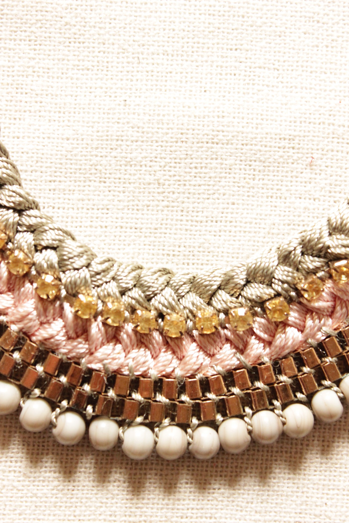 Muted Tones Braided Fabric Threads and Bronze Metal Charms Handmade Elaborate Necklace