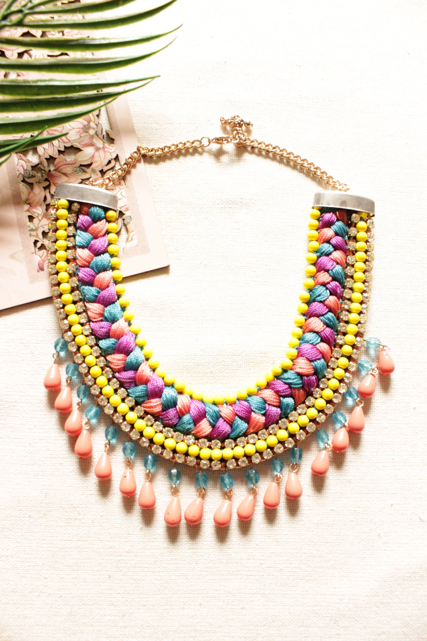 Multi-Color Braided Fabric Threads, Beads and Glass Stones Handmade Elaborate Necklace
