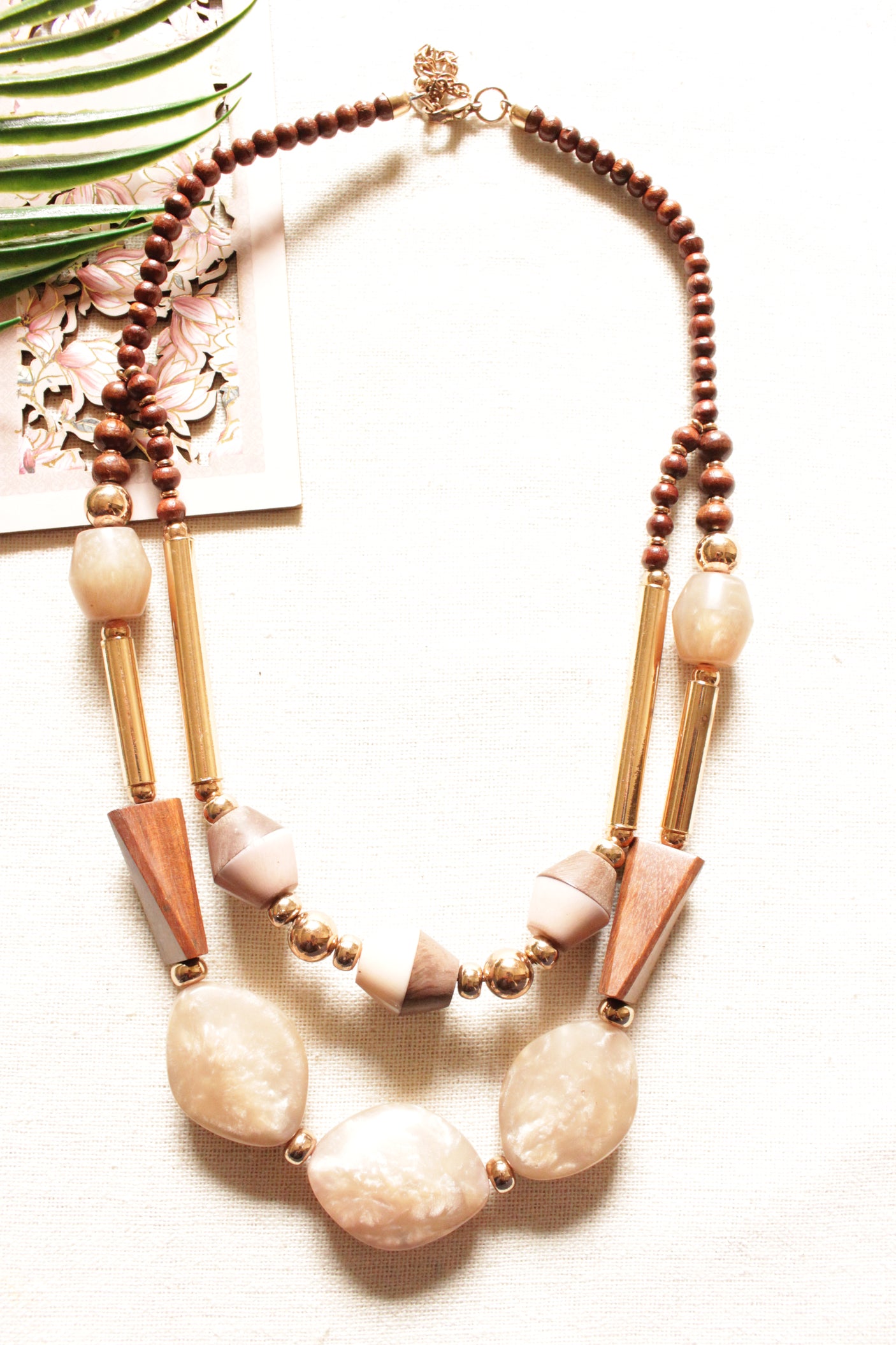 Shaded Marble Stones, Wooden Beads and Metal Charms Handmade Necklace