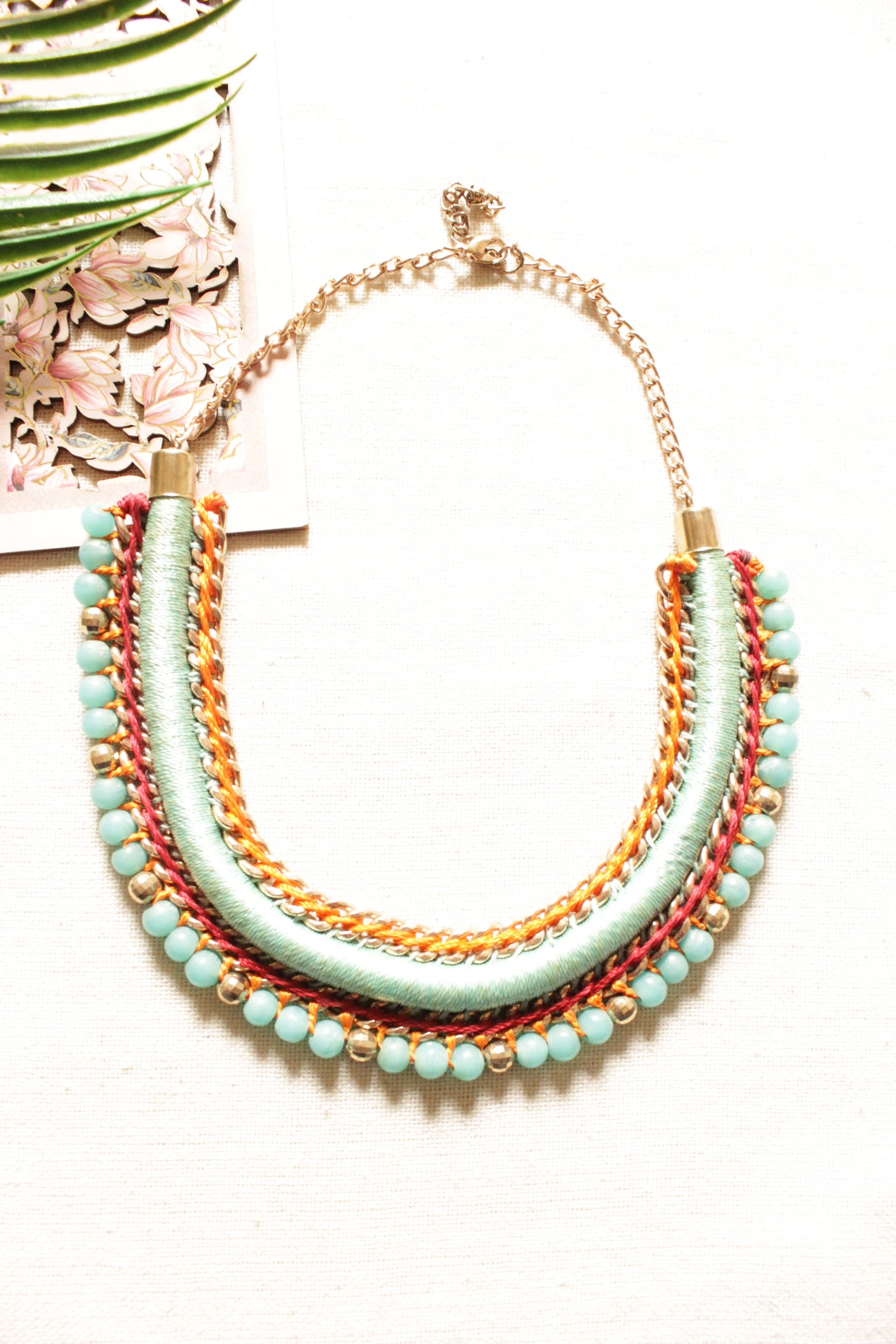 Blue Fabric Threads, Metal Charms and Beads Hand Braided Necklace