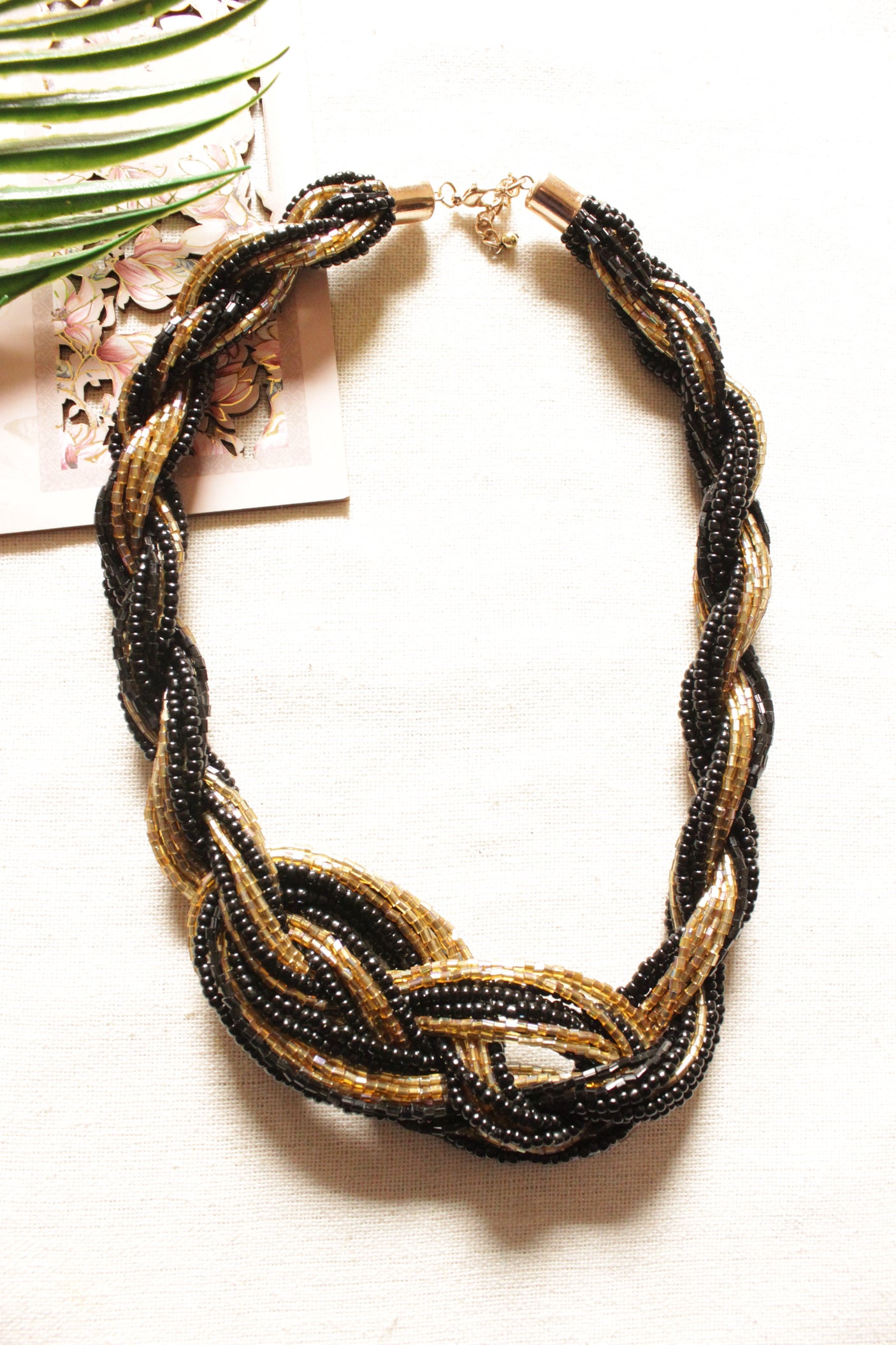 Black and Bronze Beads Hand Braided Twisted Necklace