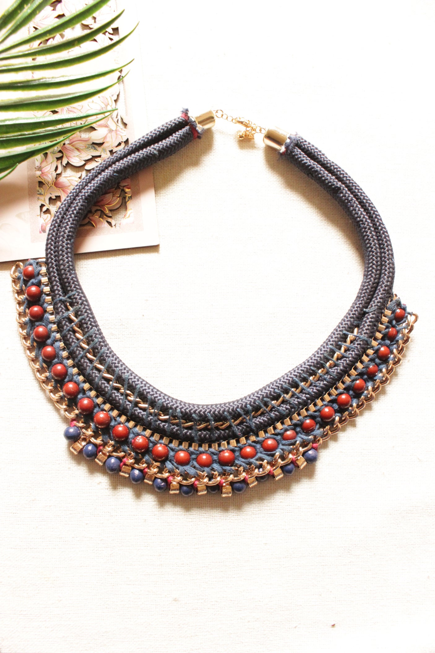 Hand Braided Fabric Threads, Beads and Metal Charms Handmade Boho Necklace