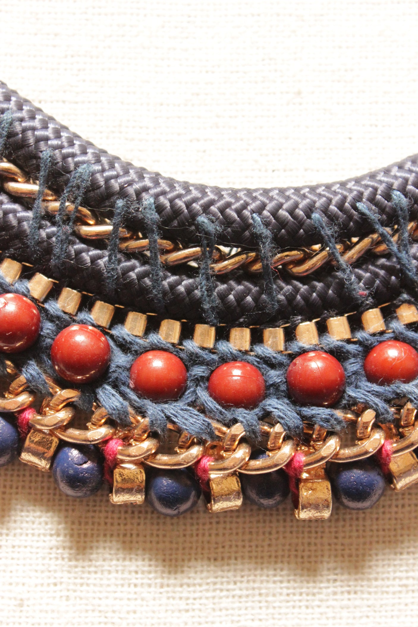 Hand Braided Fabric Threads, Beads and Metal Charms Handmade Boho Necklace