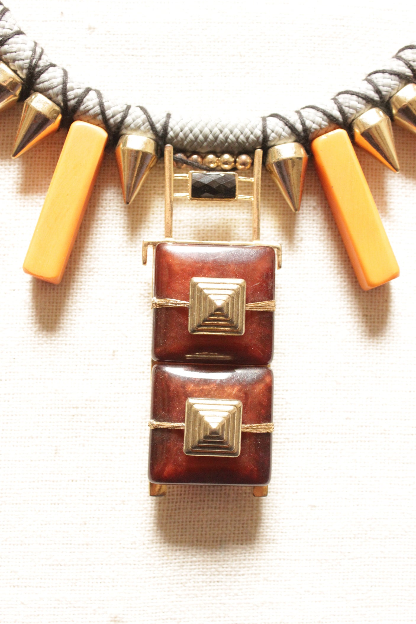 Metal Charms, Wood and Stones Braided in a Rope Closure Handmade Boho Necklace