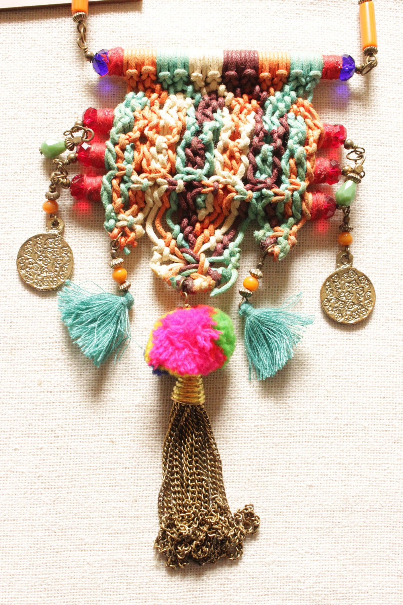 Cross-Stitched Crochet Fabric Threads and Pom Pom Chain Closure Necklace