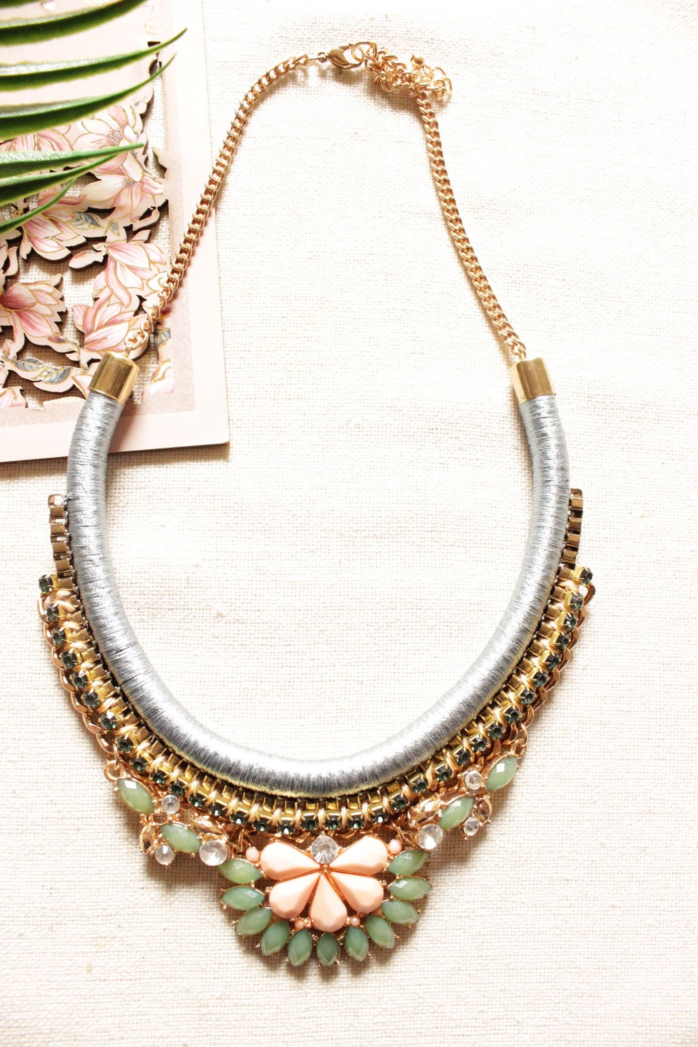 Baby Pink and Green Natural Gemstones Embellished Braided Fabric Threads Boho Necklace