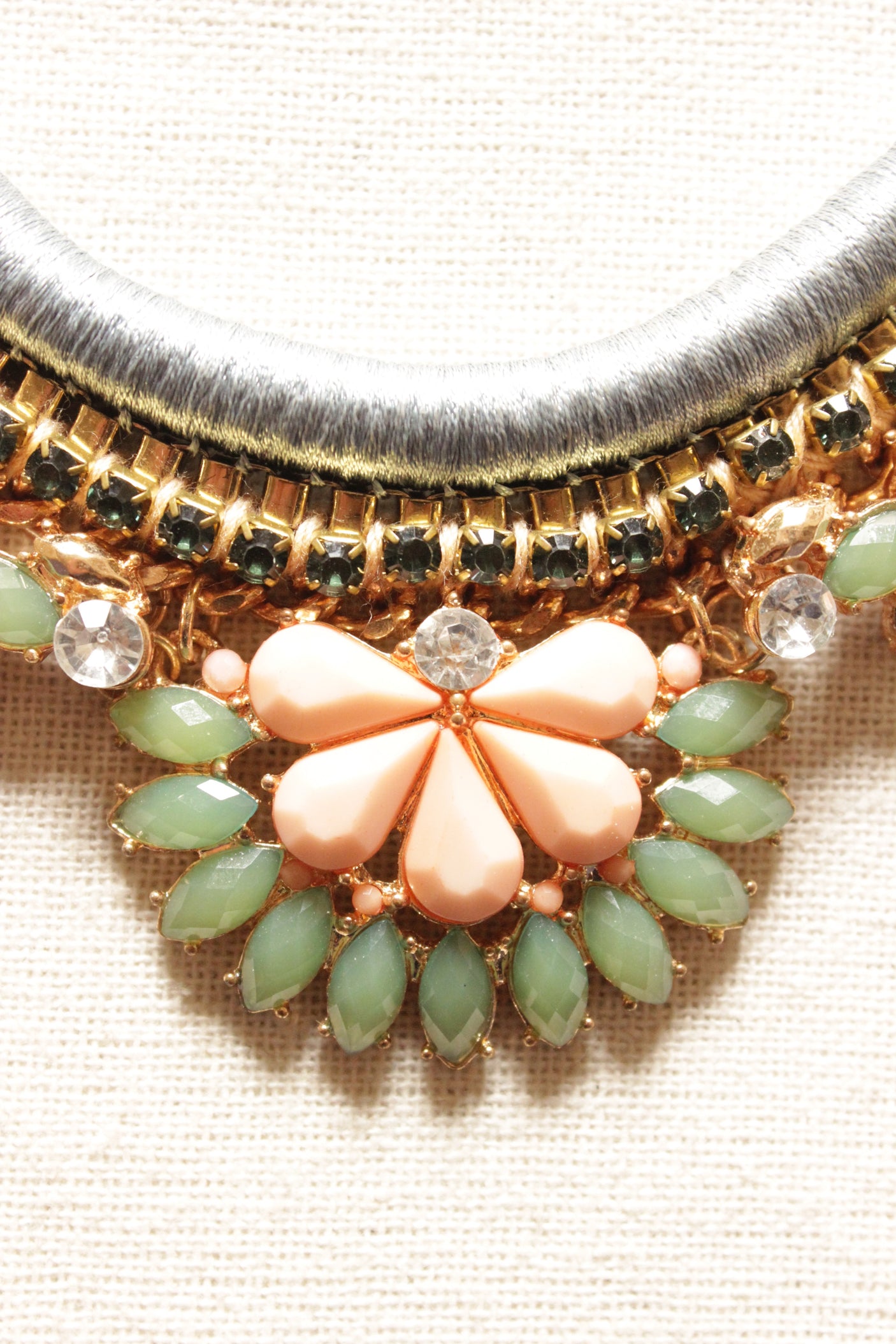 Baby Pink and Green Natural Gemstones Embellished Braided Fabric Threads Boho Necklace