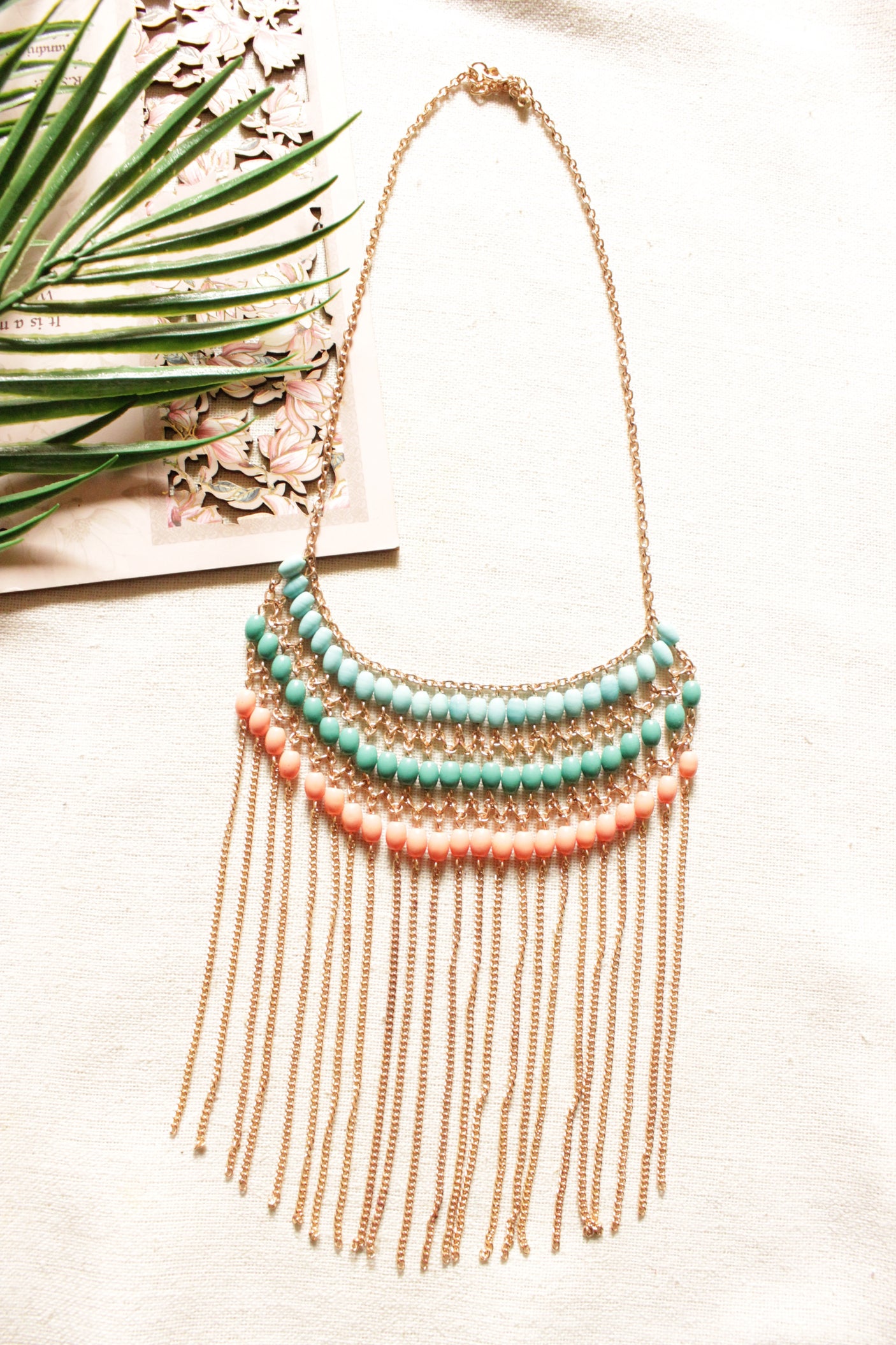 Pink, Green and Blue Beads Bronze Chains Elaborate Necklace