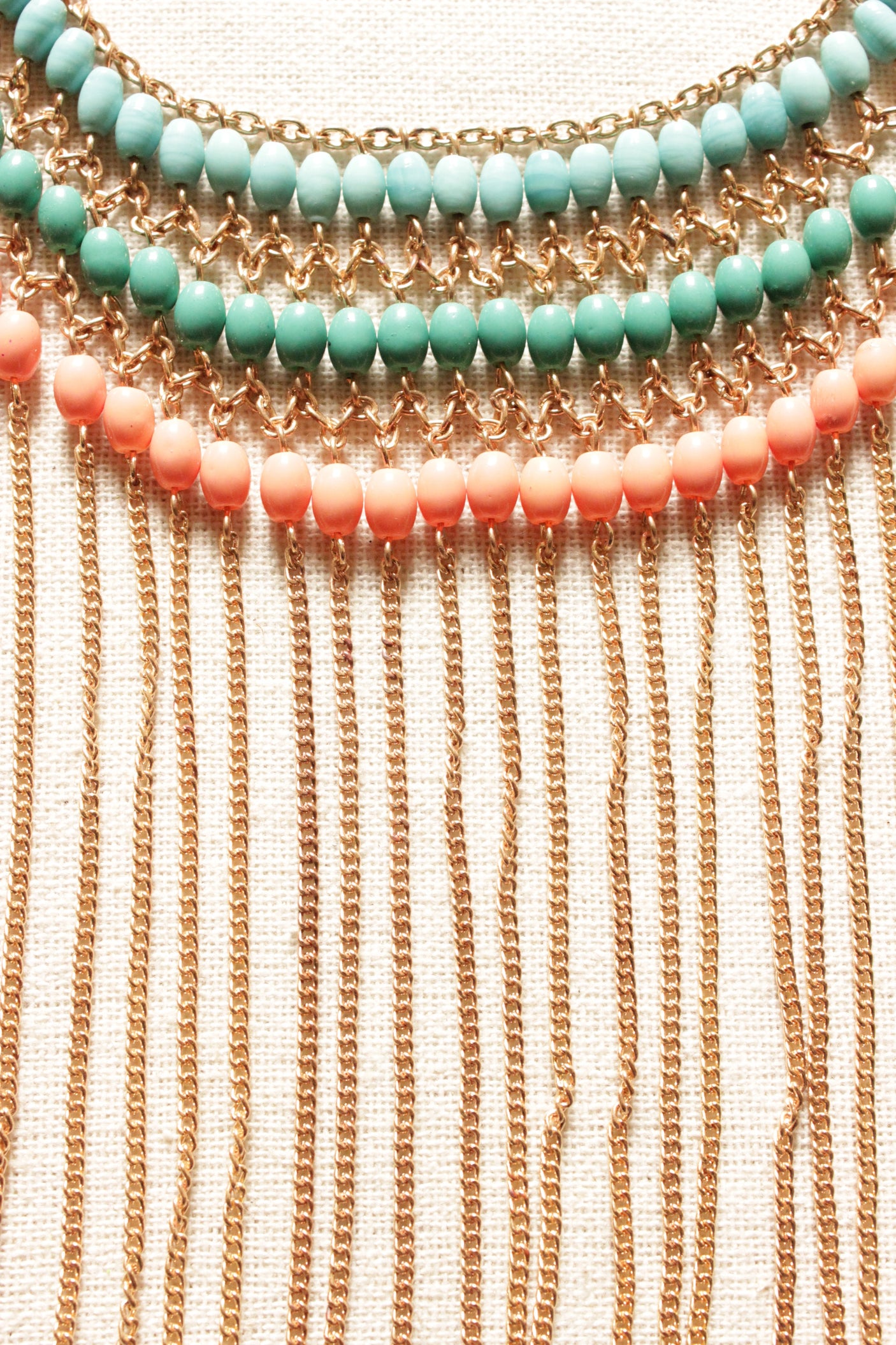 Pink, Green and Blue Beads Bronze Chains Elaborate Necklace