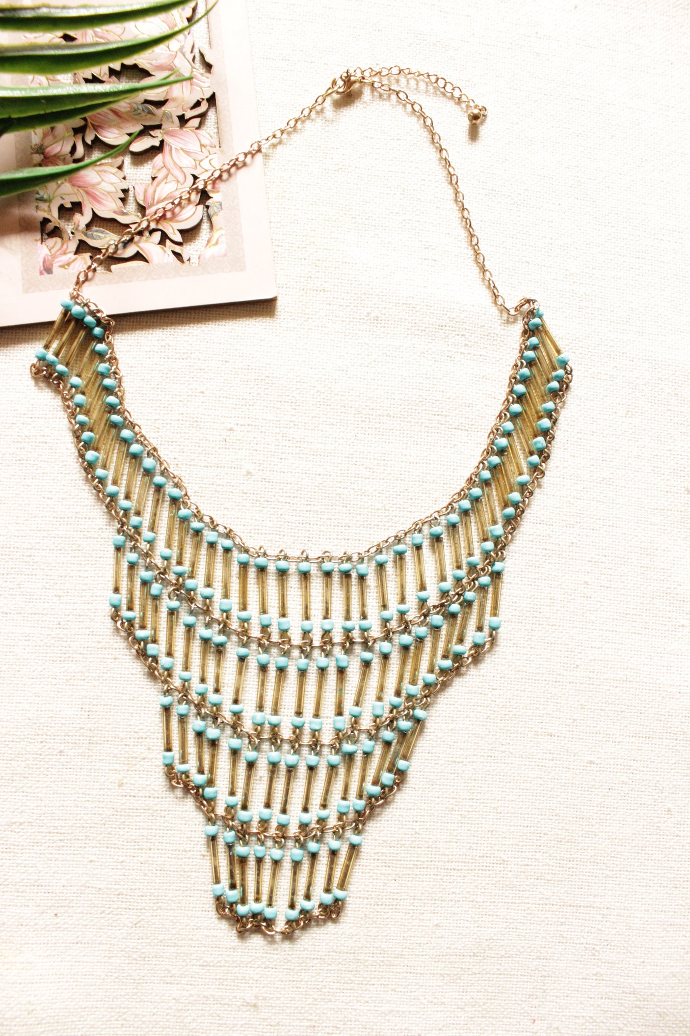 Blue Beads and Metal Pipe Charms Multi-Layer Necklace