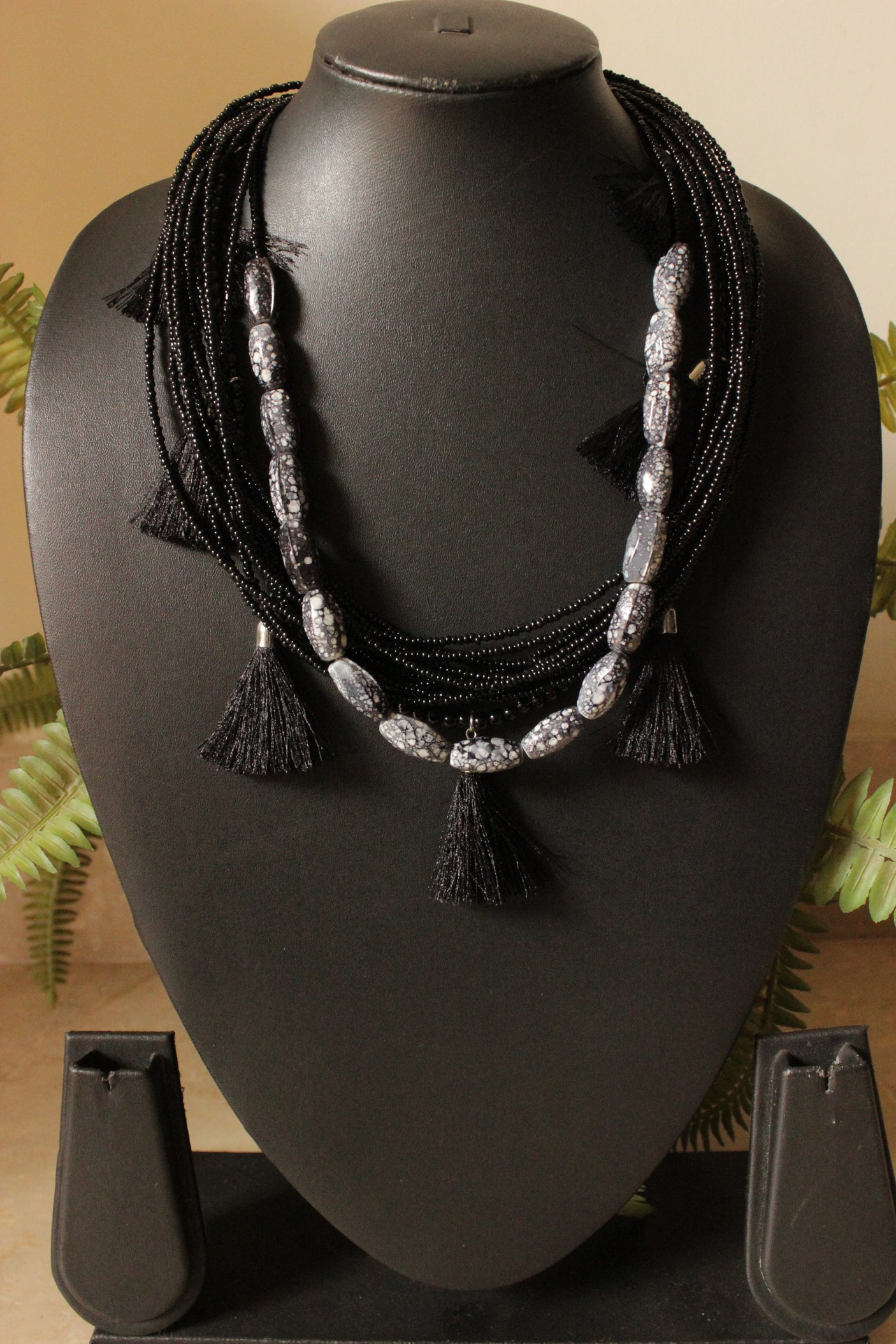 Black Beads and Stones Pom Pom Embellished Handmade Boho Necklace