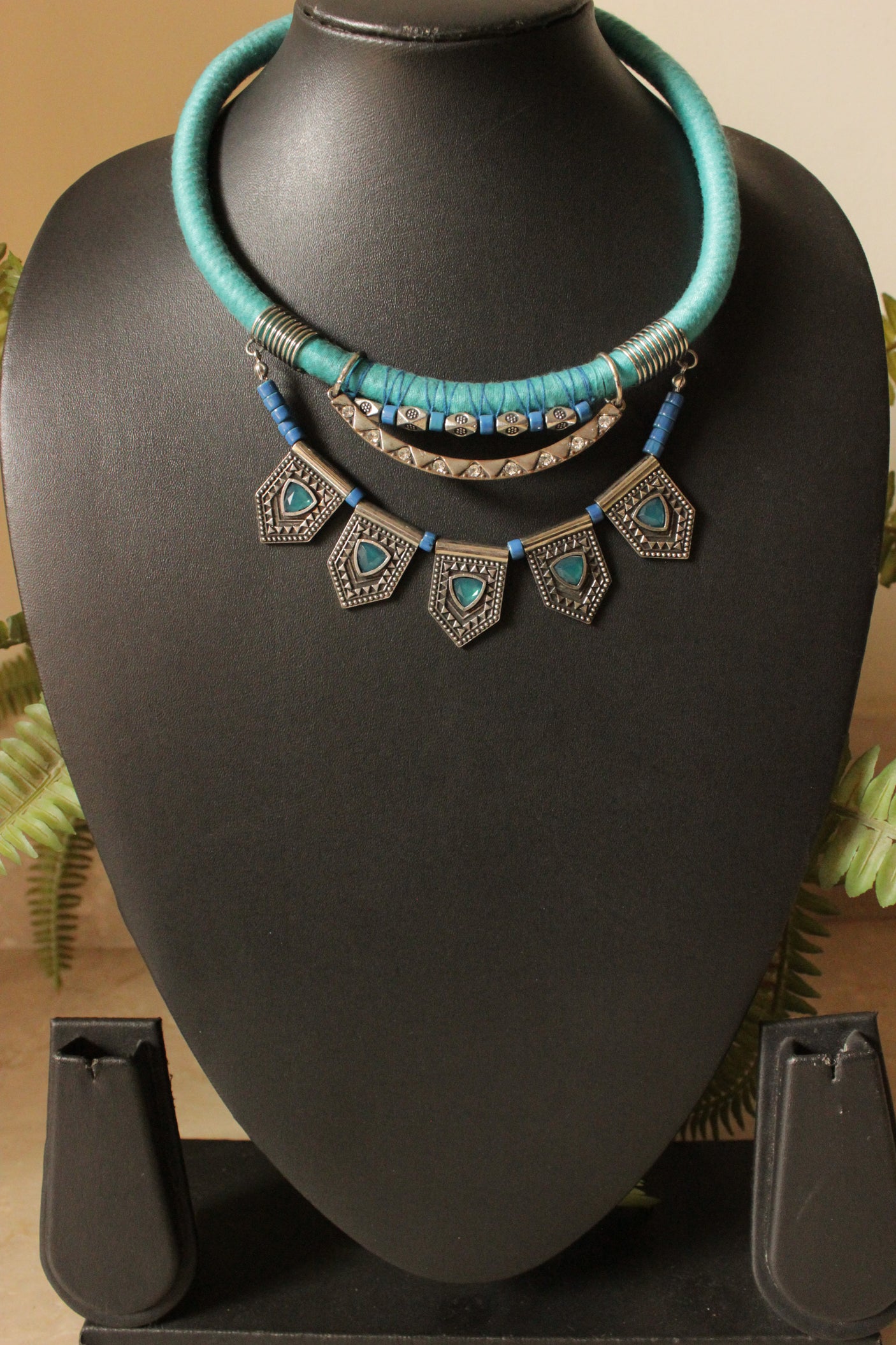 Blue Threads Braided with Tribal Metal Charms Handmade Boho Necklace