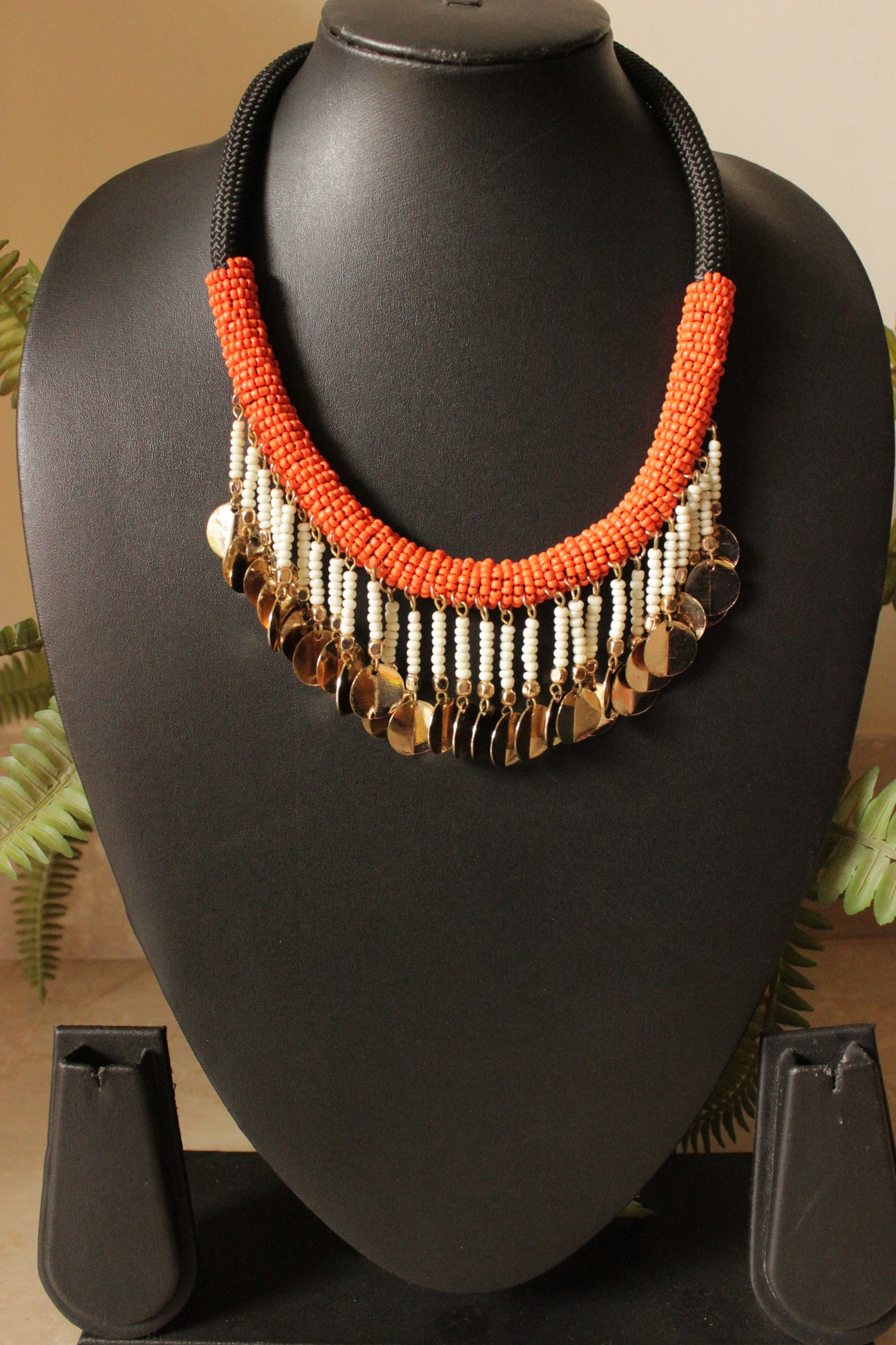 Braided Fabric Threads, Beads and Circular Metal Charms Handmade Boho Necklace