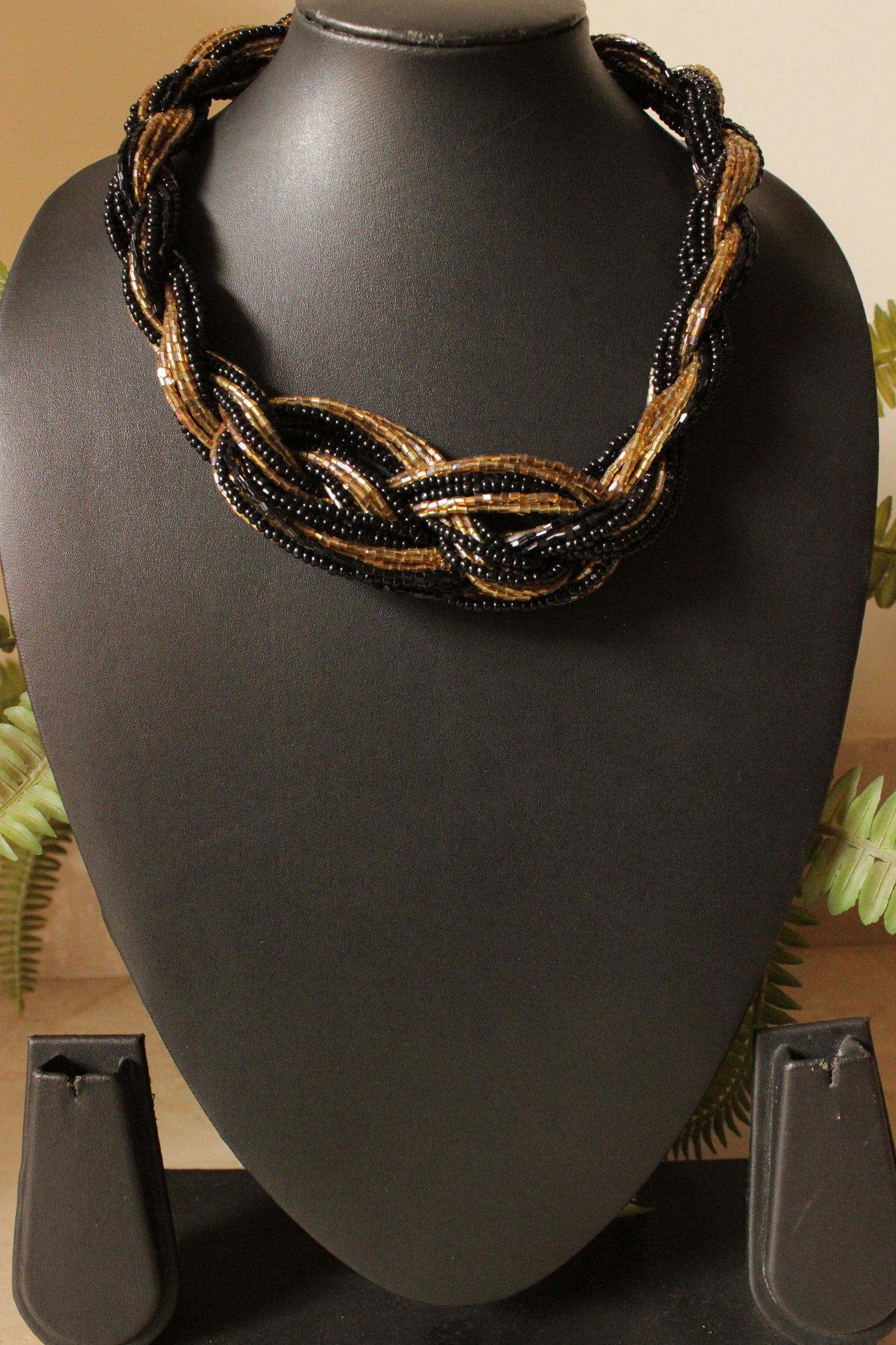 Black and Bronze Beads Hand Braided Twisted Necklace