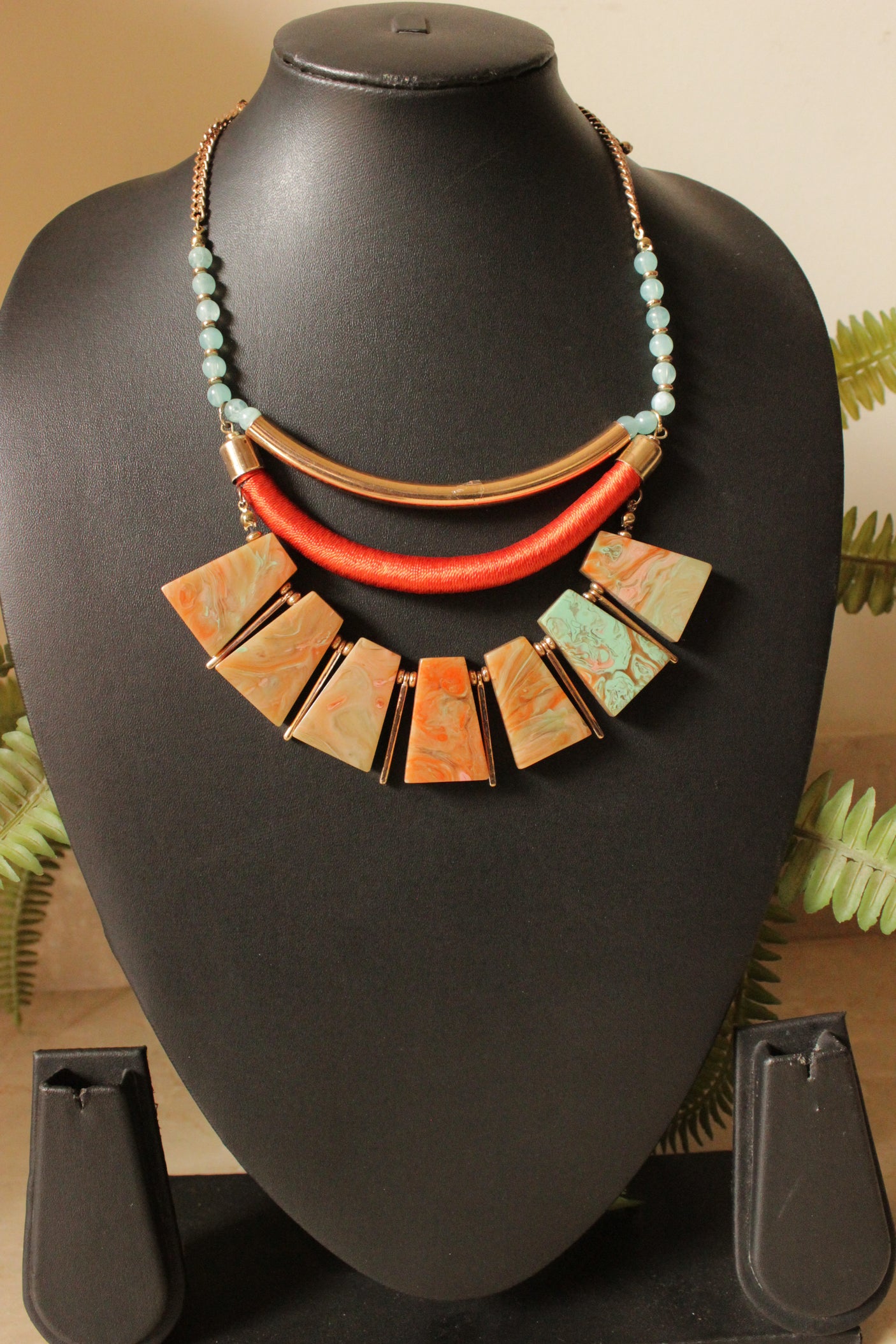 Shaded Stones and Braided Fabric Threads Hasli Style Handmade Chain Closure Necklace