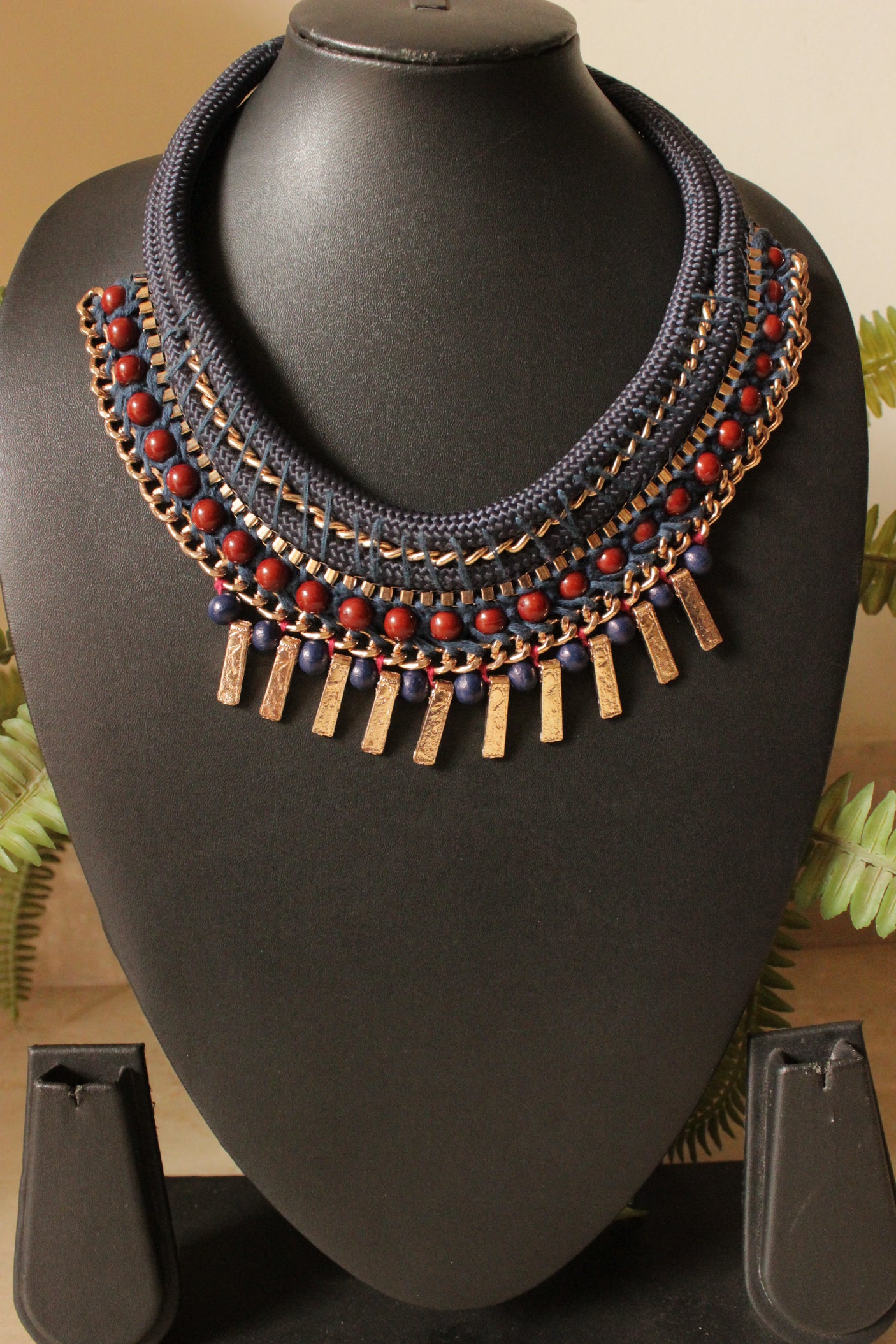 Hand Braided Fabric Threads, Beads and Metal Charms Handmade Boho Necklace