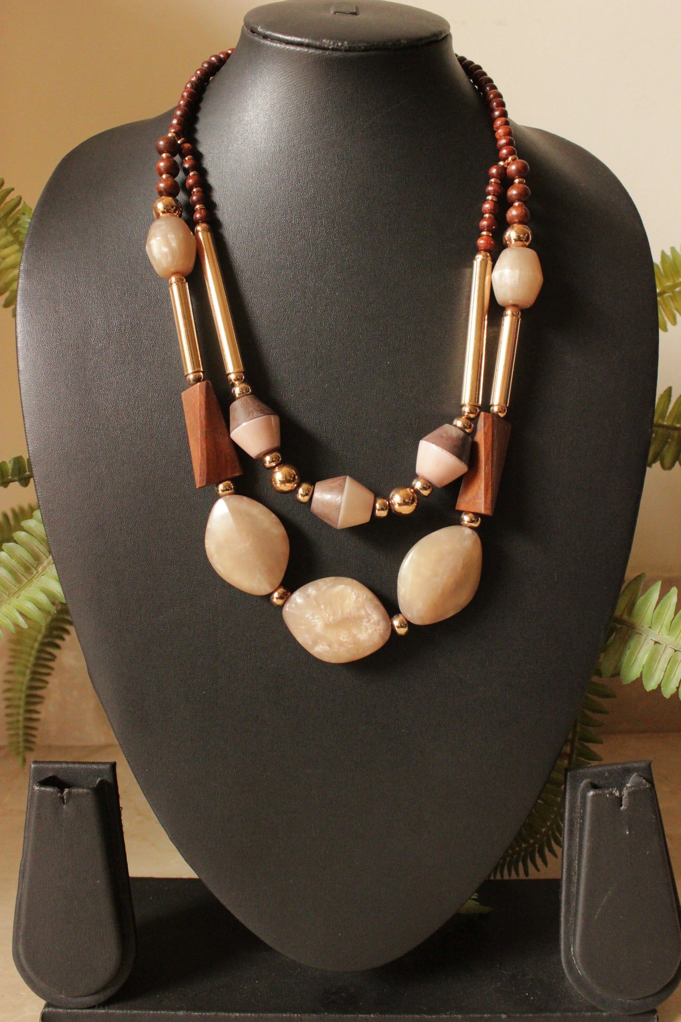 Shaded Marble Stones, Wooden Beads and Metal Charms Handmade Necklace