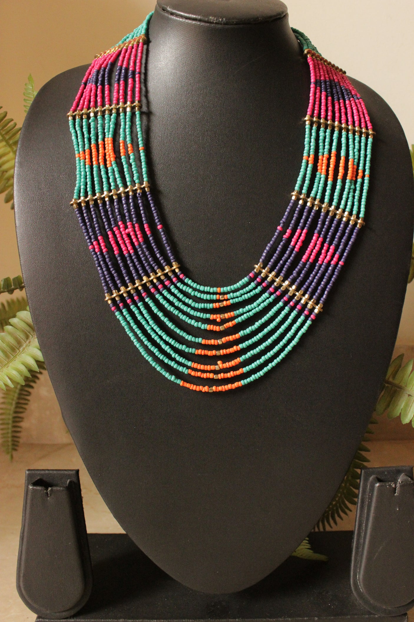 Shades of Blue and Pink Hand Beaded Multi-Layer Necklace