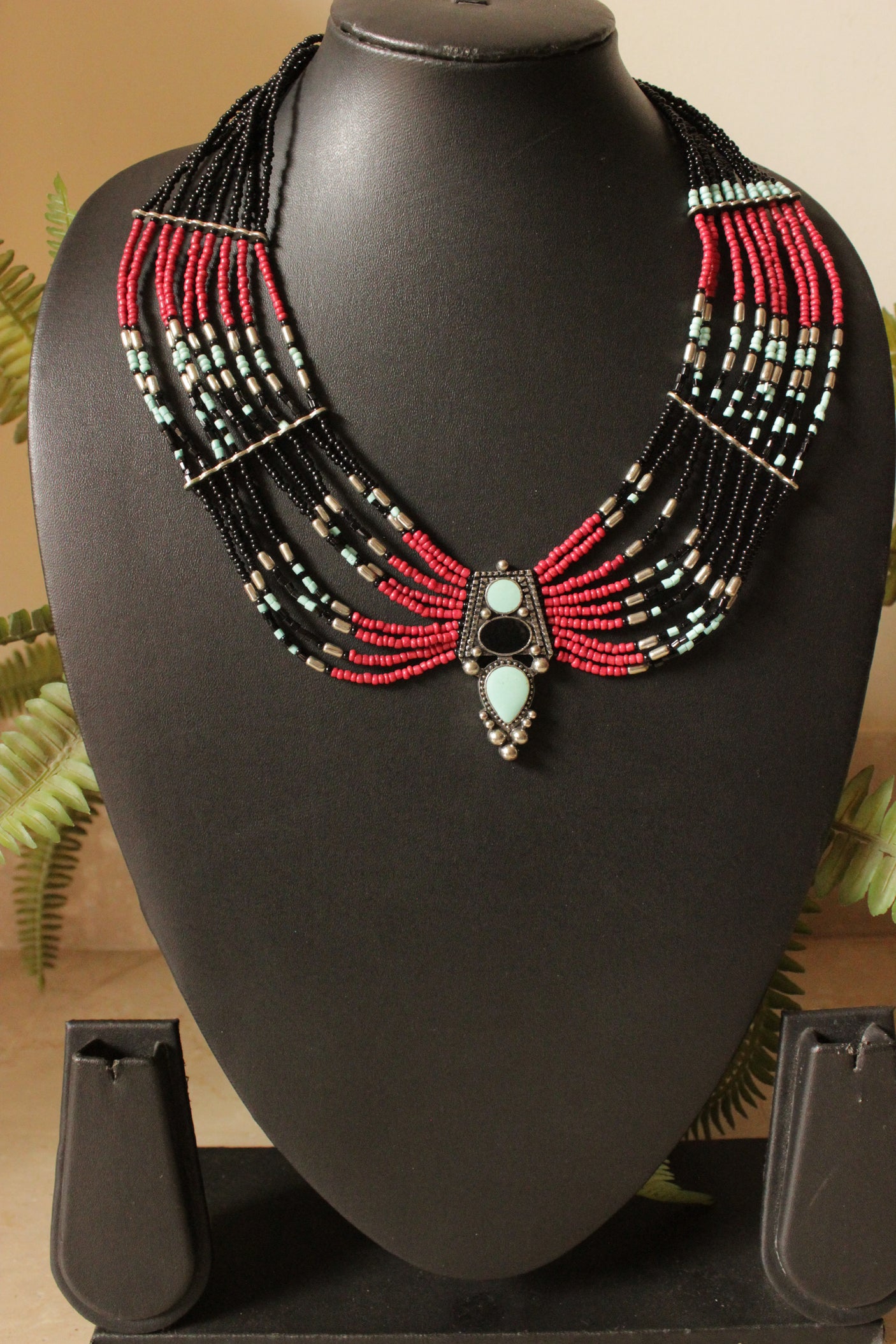 Multi-Color Black and Pink Beads Braided Choker Necklace