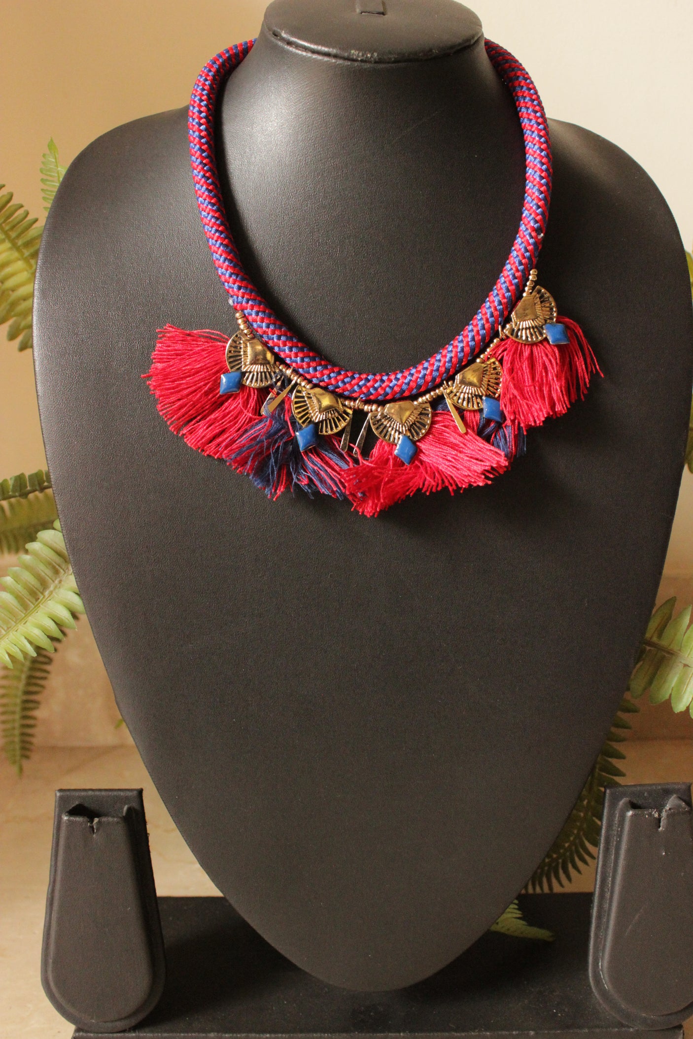 Braided Fabric Threads, Pom Pom and Metal Charms Handmade Boho Choker Necklace