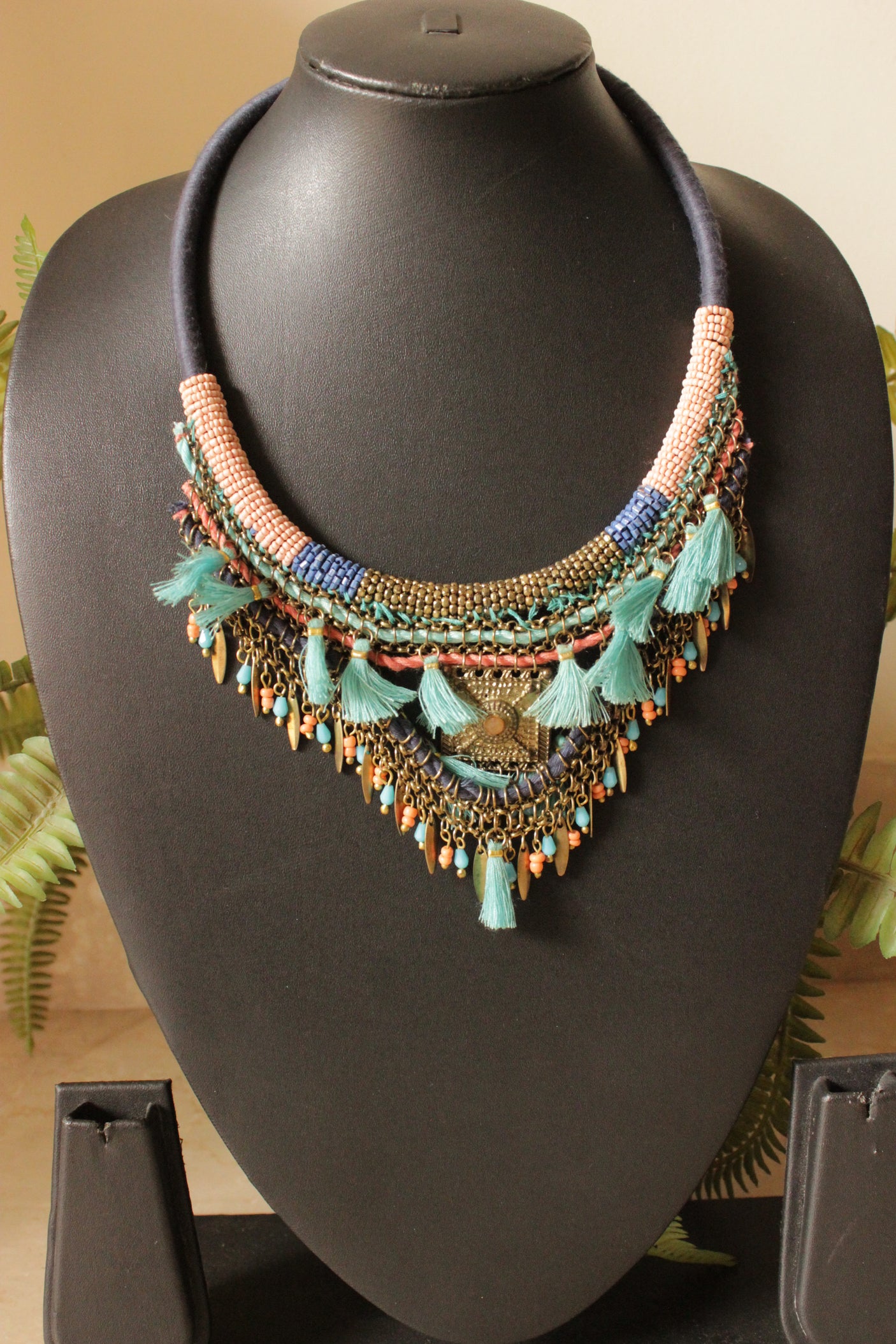 Fabric, Beads and Metal Charms Braided Handmade Boho Choker Necklace