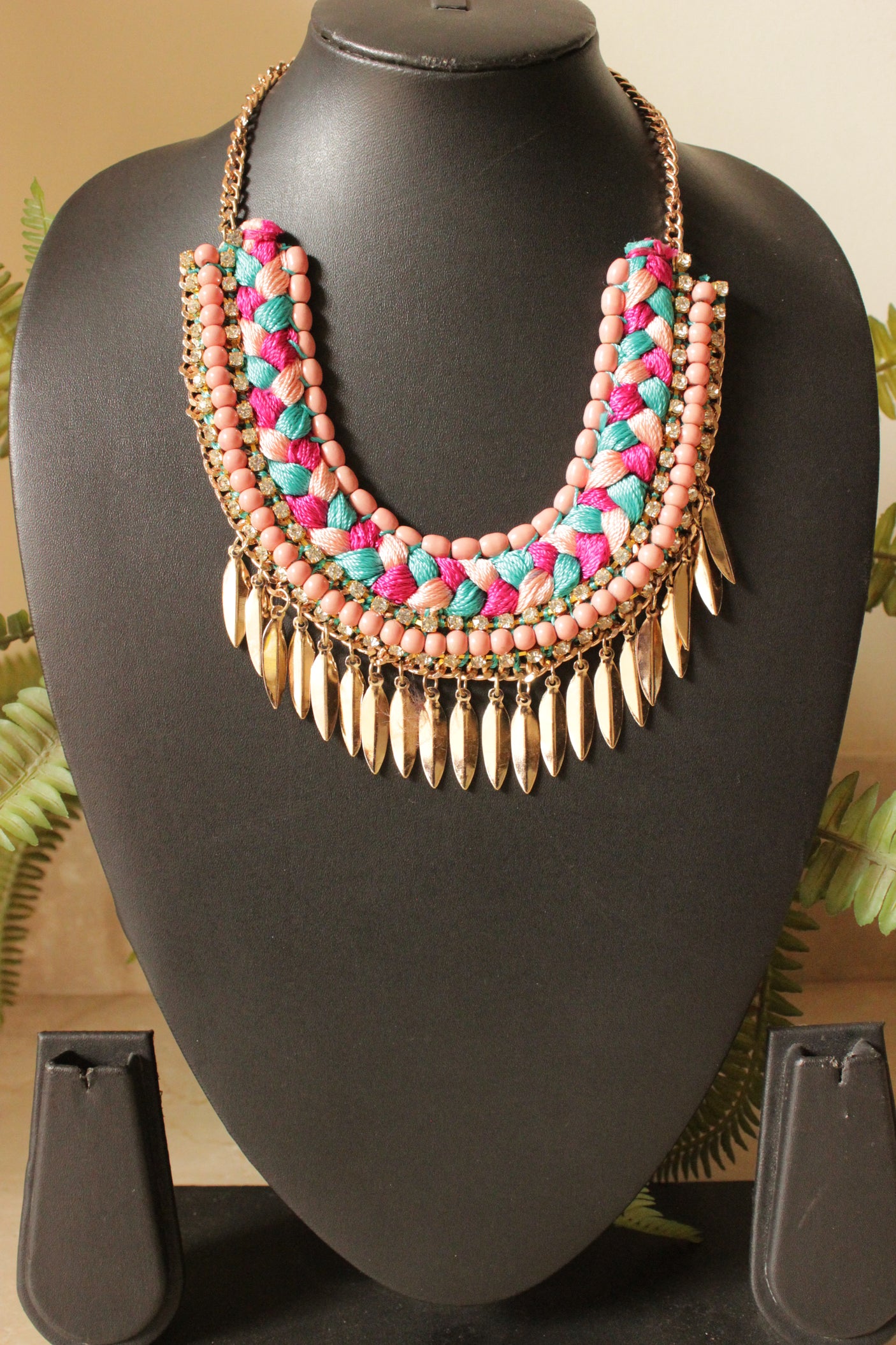 Braided Fabric Threads, Beads and Leaf Metal Charms Handmade Boho Necklace