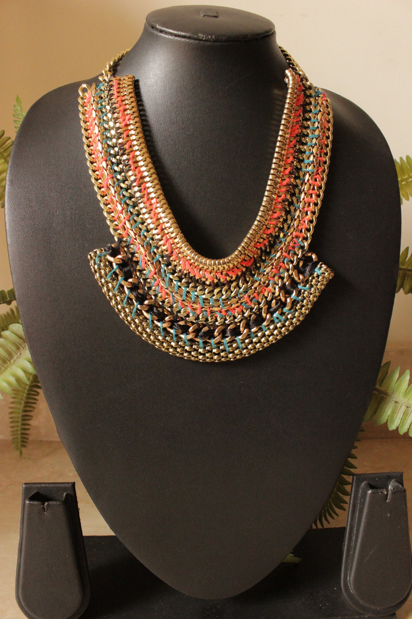 Fabric Threads, Metal Charms and Rhinestones Hand Braided Elaborate Necklace