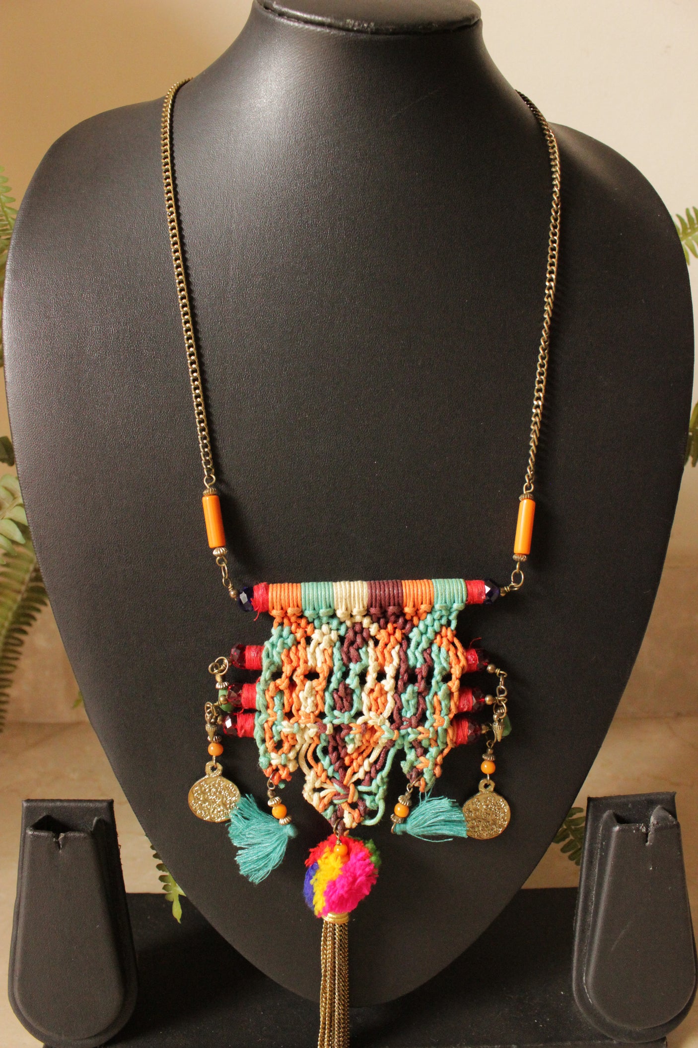 Cross-Stitched Crochet Fabric Threads and Pom Pom Chain Closure Necklace