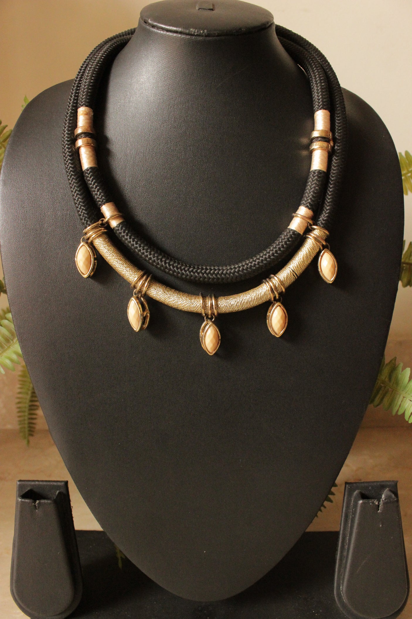 Brown and Golden Braided Fabric Threads with Metal Charms Handmade Boho Choker Necklace