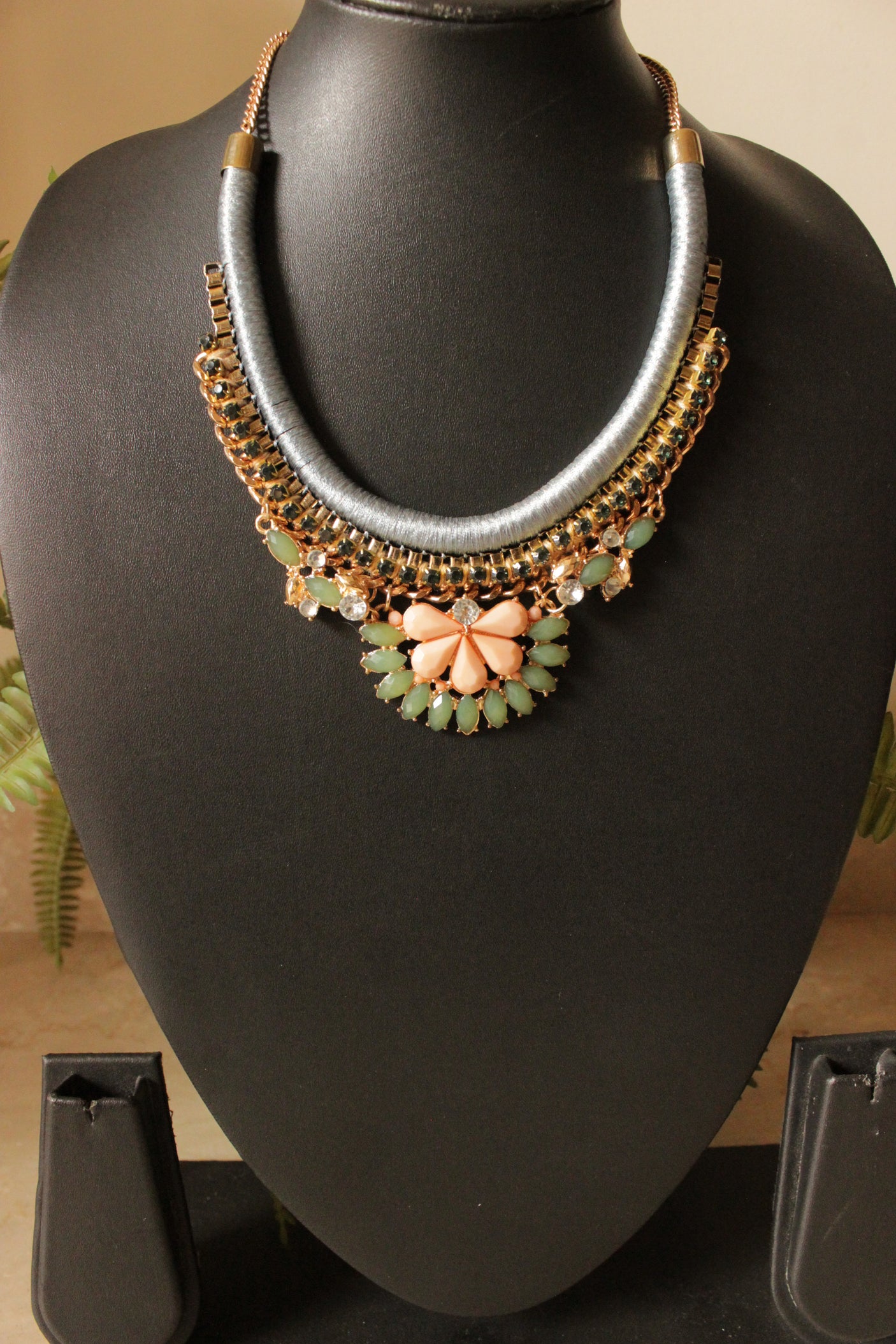 Baby Pink and Green Natural Gemstones Embellished Braided Fabric Threads Boho Necklace