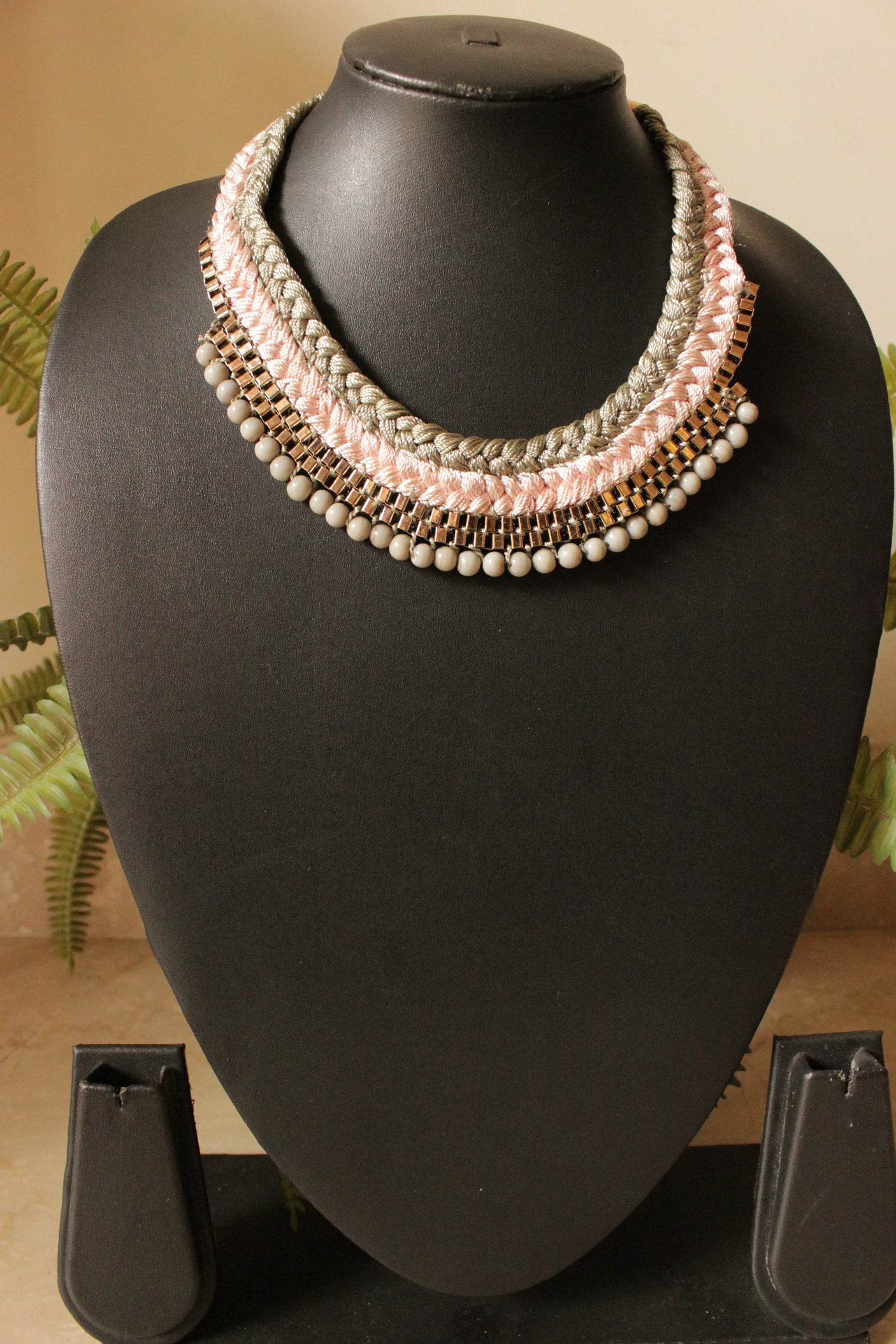 Muted Tones Braided Fabric Threads and Bronze Metal Charms Handmade Elaborate Necklace