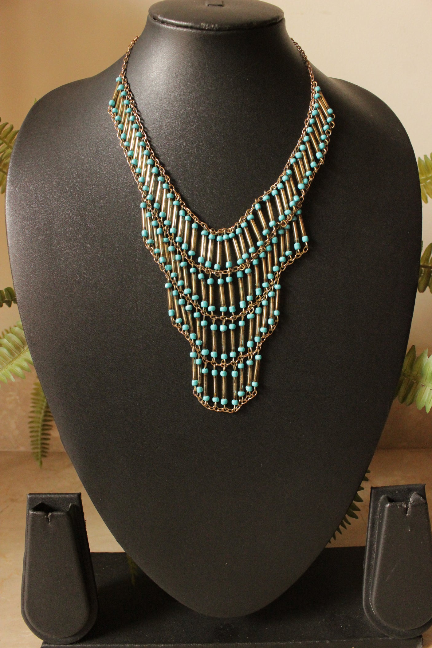 Blue Beads and Metal Pipe Charms Multi-Layer Necklace