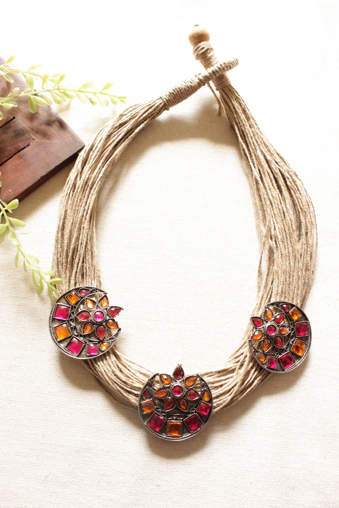 Multi-Color Jute Strings Necklace with Multi-Color Afghani Metal Charms