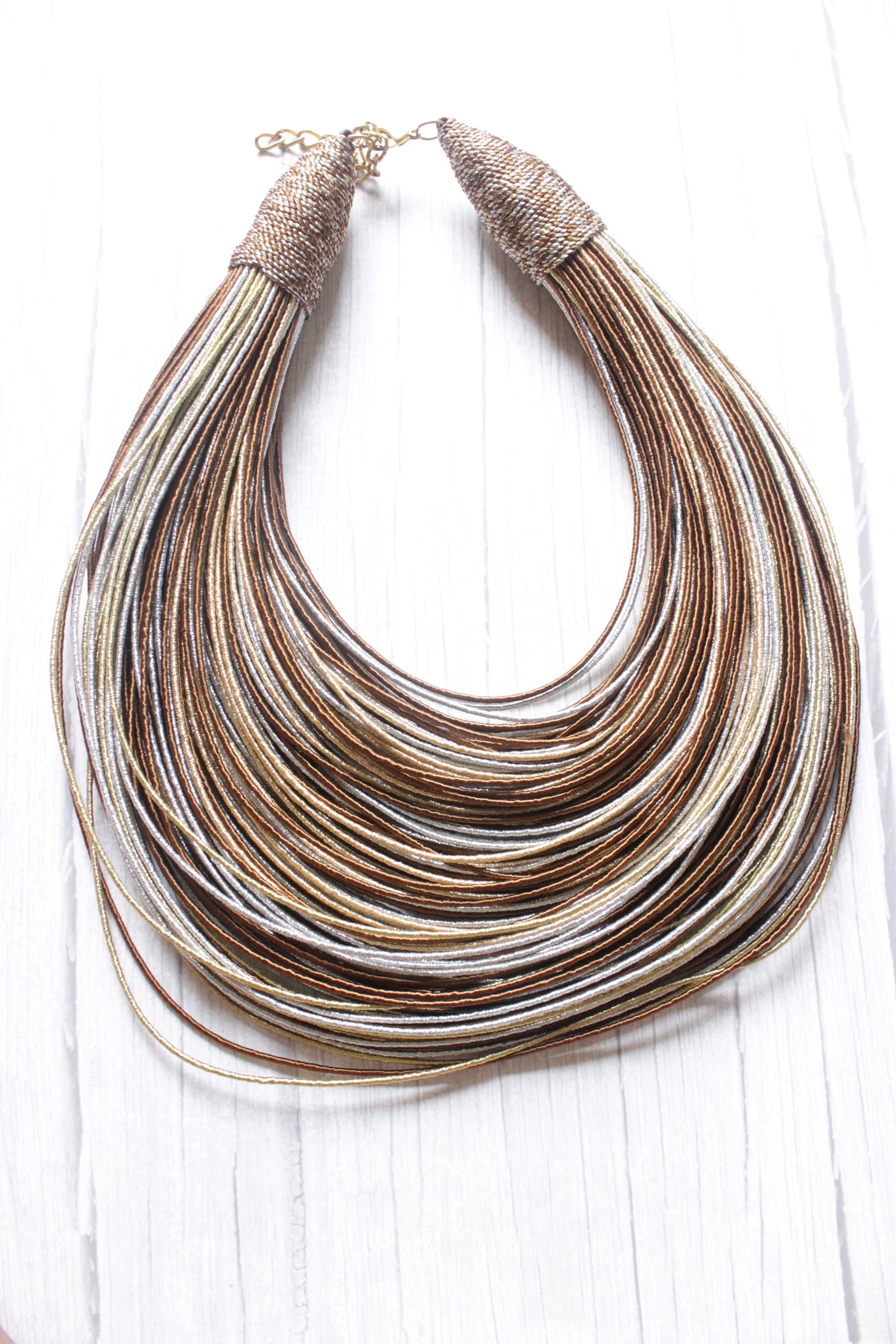 Grey & Brown Handmade Silk Threads Multi-Layer Statement African Choker Necklace