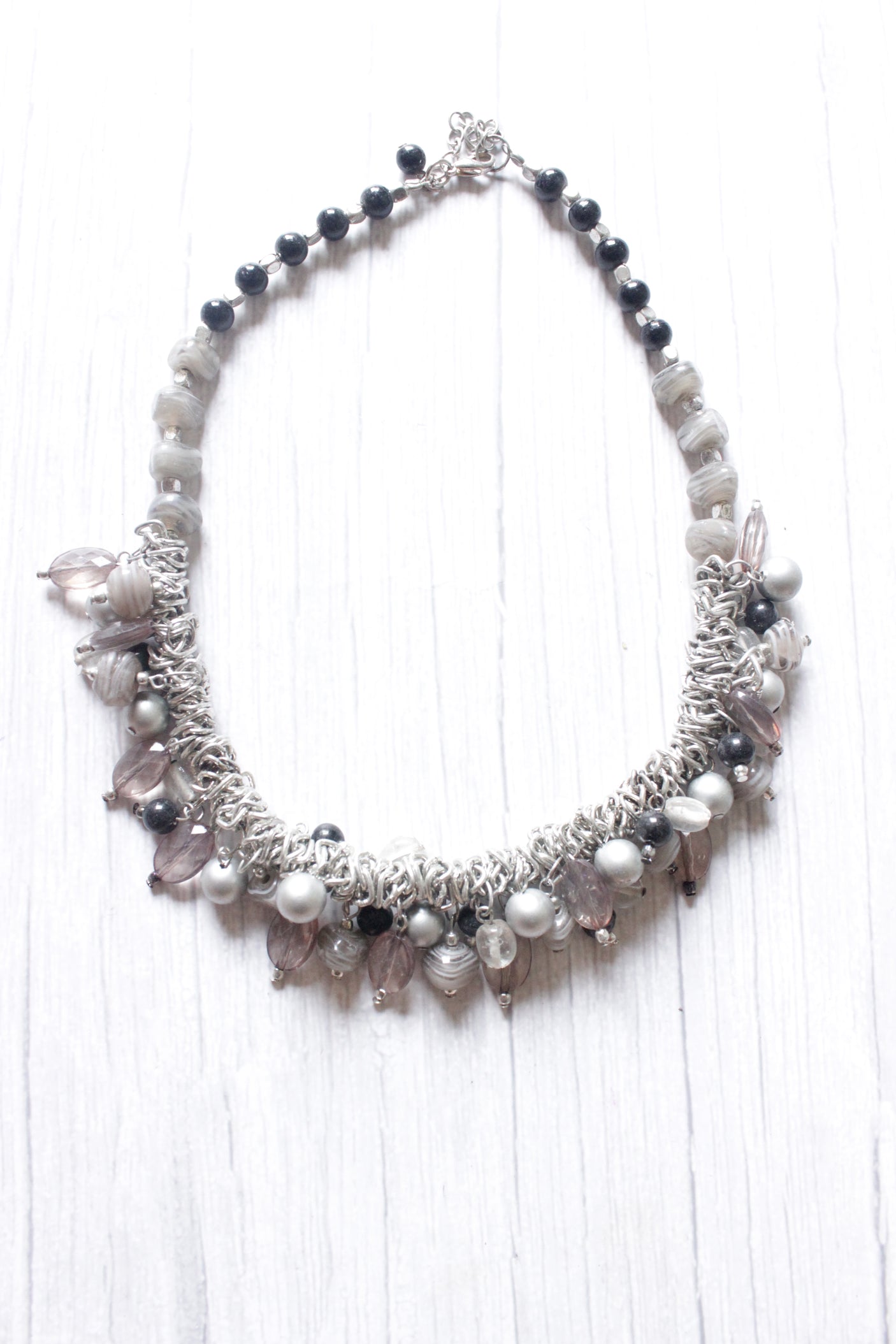 Raw Natural Stones Charms Silver Finish Boho Choker Necklace