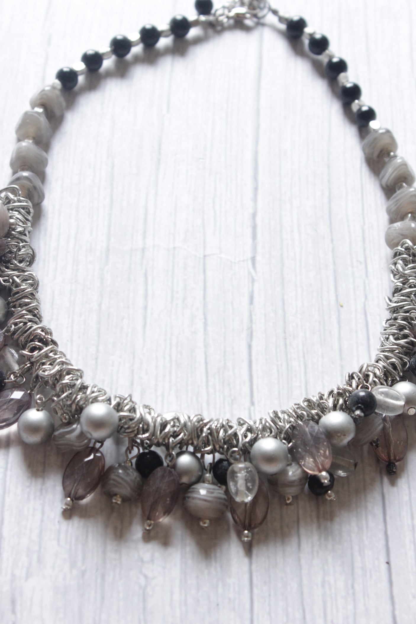 Raw Natural Stones Charms Silver Finish Boho Choker Necklace