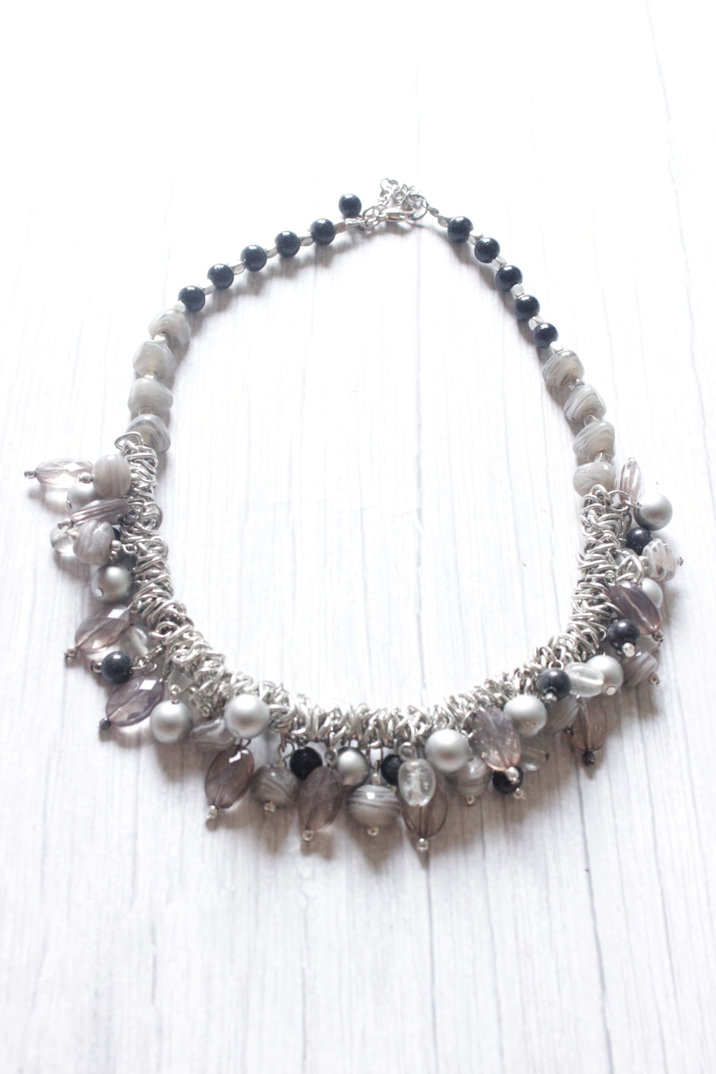 Raw Natural Stones Charms Silver Finish Boho Choker Necklace