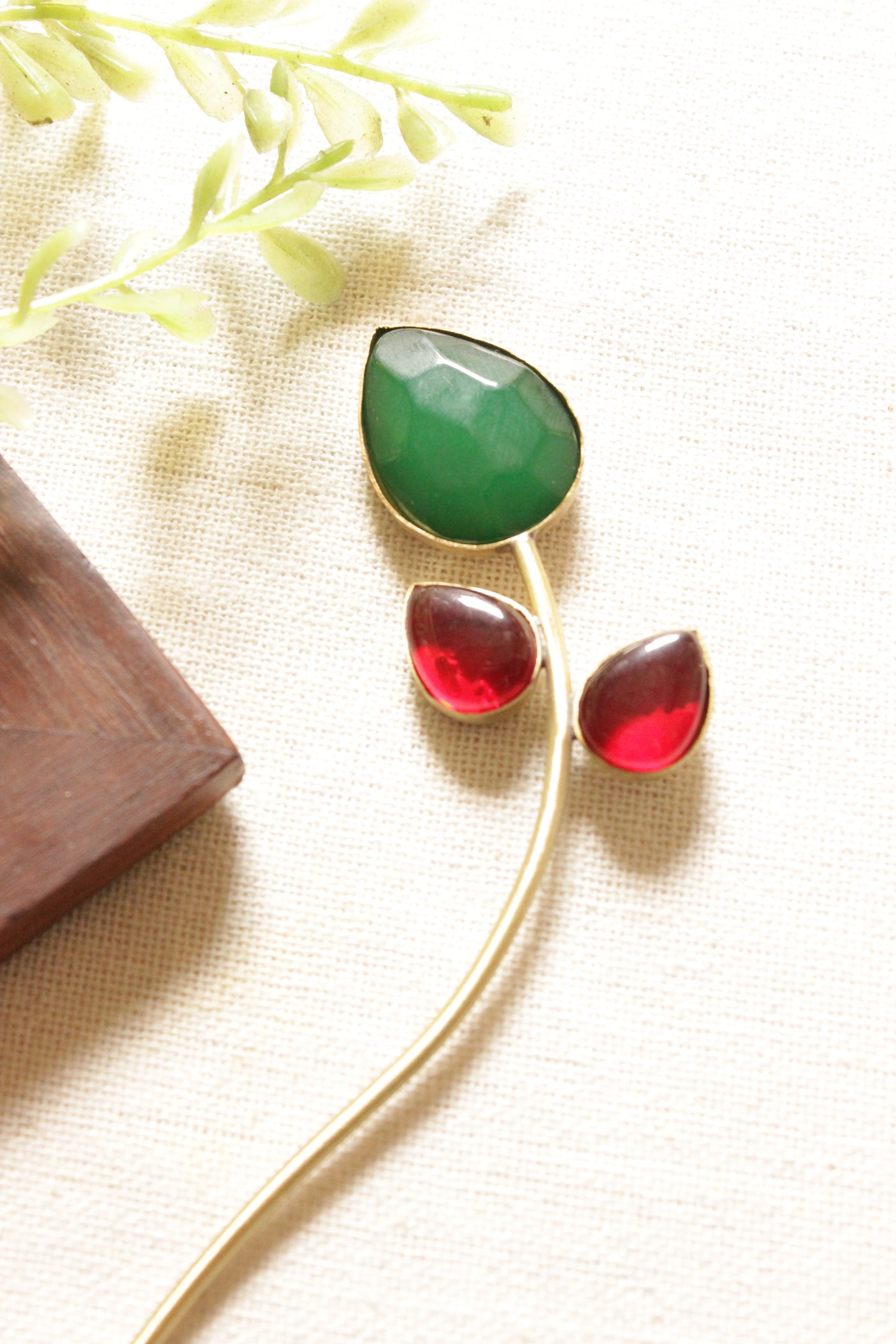 Gold Toned Brass Choker Necklace Embedded with Red and Green Gemstones